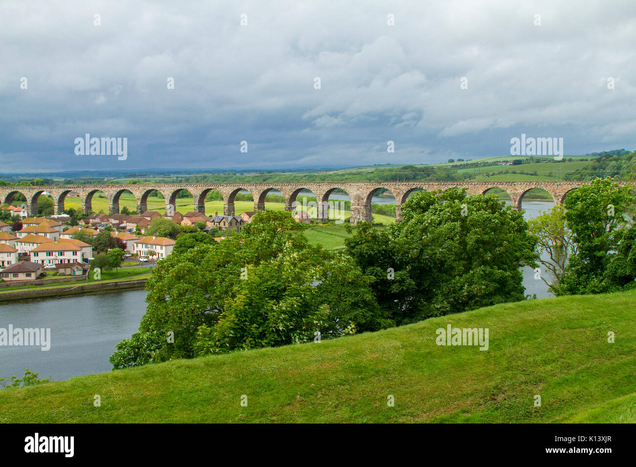 Royal Border Bridge, denkmalgeschützten Eisenbahnviadukt crossing River Tweed in Berwick-upon-Tweed mit Häusern im Vordergrund & Emerald Felder jenseits Stockfoto