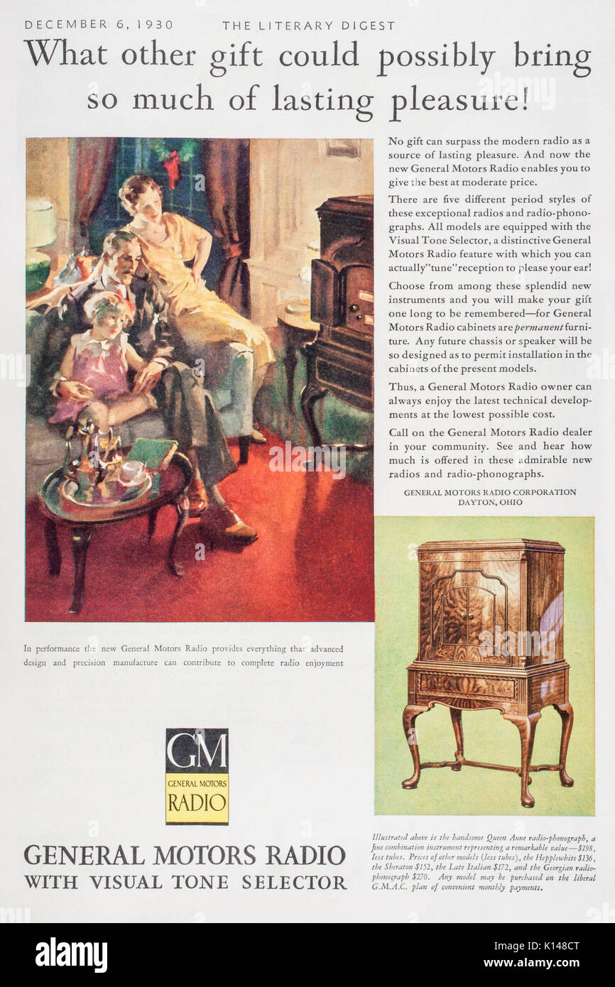 1930 Magazin Printwerbung Beschreibung General Motors Radio Sets zum Verkauf. Stockfoto