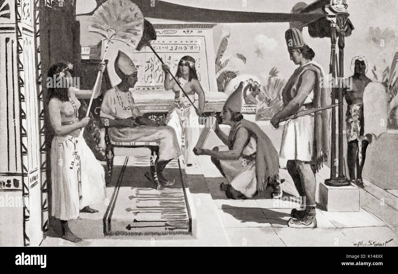 Ramses II. empfangen eine Kopie seines Vertrags mit der Hethiter, die früheste bekannte Friedensvertrag in der Geschichte der Welt, wie die ägyptischen - hethiter Friedensvertrag bekannt, der Ewigen Vertrag oder der Silber-Vertrag. Der Vertrag wurde 1258 unterzeichnet BC einen langen Krieg zwischen dem Hethiterreich und die Ägypter zu beenden. Ramses II., C. 1303 - 1213 v. Chr., aka Ramses des Großen. Dritte Pharao der 19. Dynastie. Nach dem Gemälde von Allan Stewart, (1865-1951). Von Hutchinson's Geschichte der Nationen, veröffentlicht 1915. Stockfoto