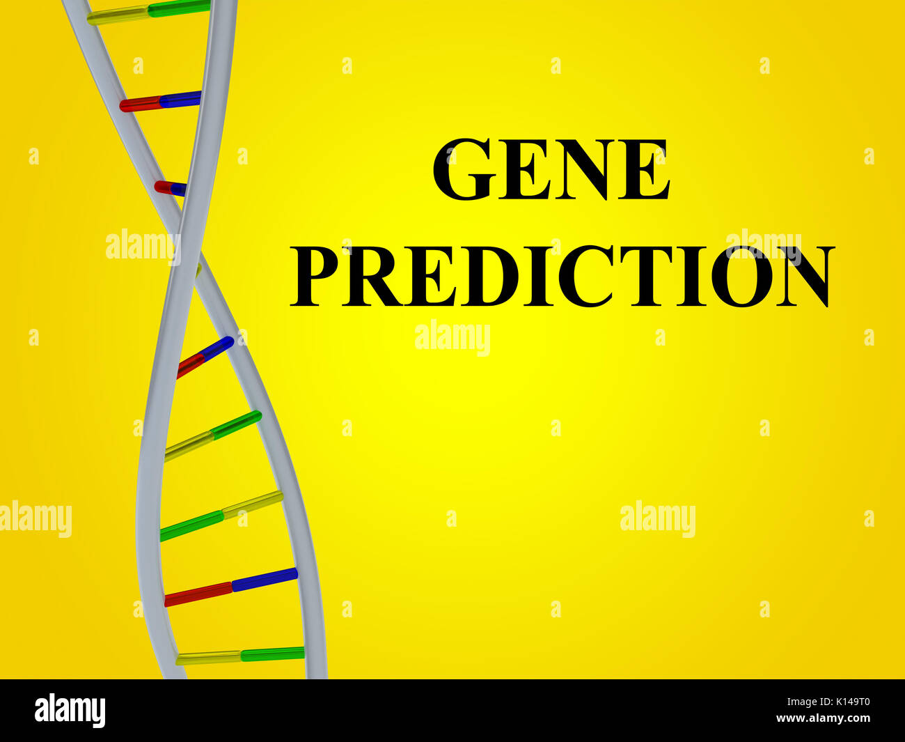 3D-Darstellung der 'GENE PREDICTION' Skript mit DNA-Doppelhelix, Farbverlauf rot, isoliert. Stockfoto