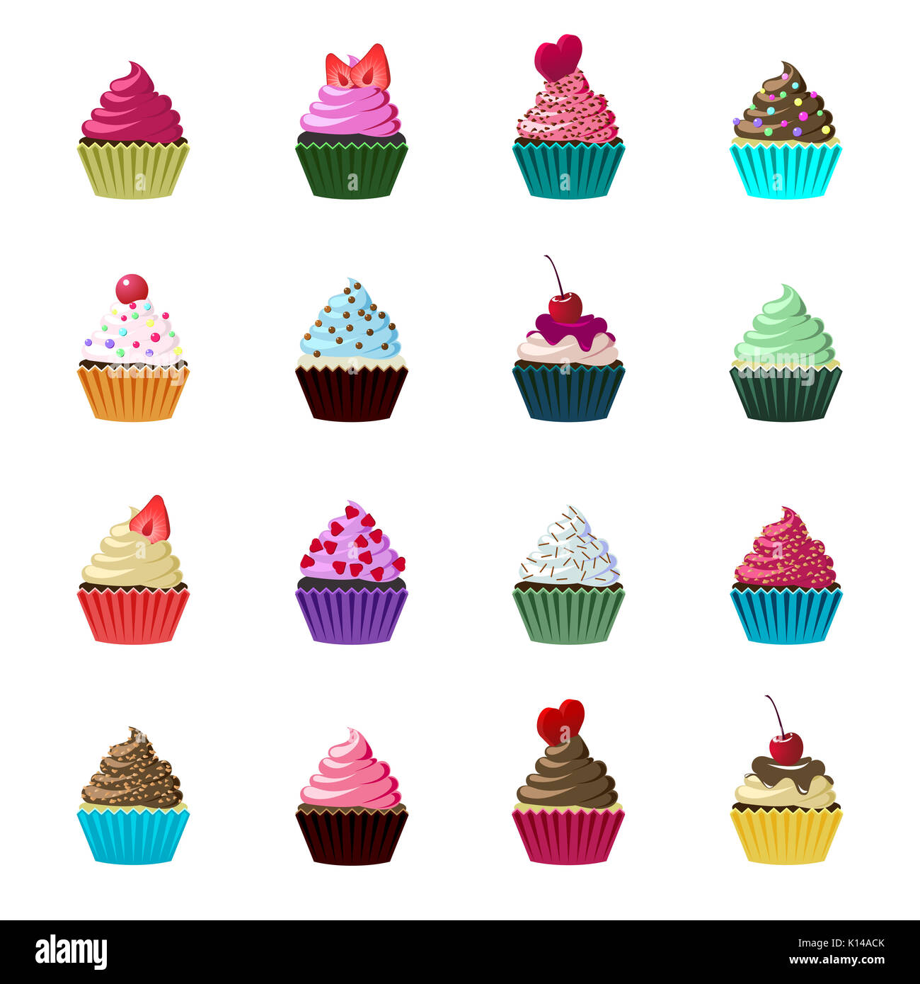 Eingestellt von bunten Cupcakes. Icon Sammlung von leckeren Kuchen und Muffins für Ihr Design Projekt. Stockfoto