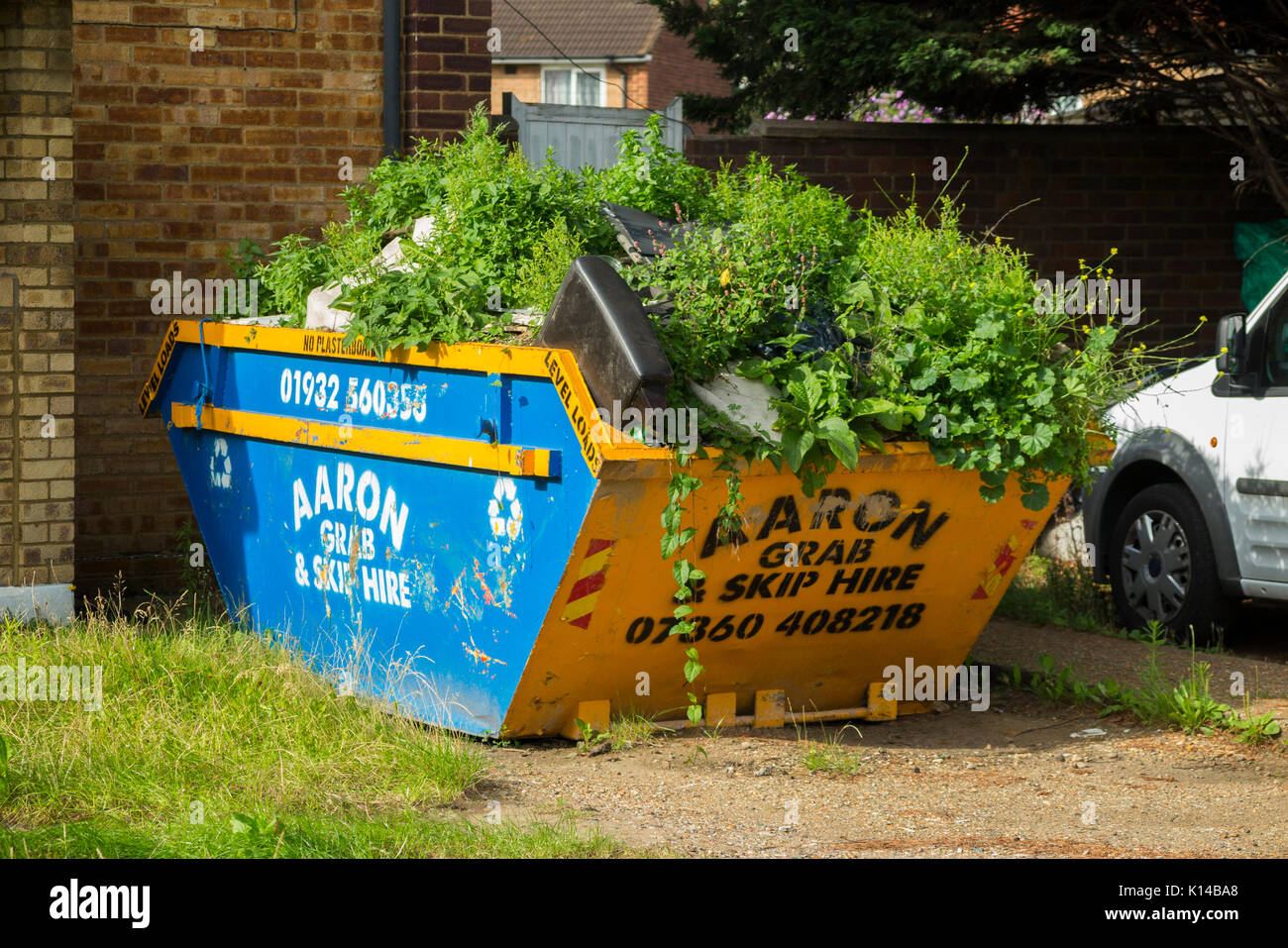 Überwucherte Müll überspringen, die voller Abfälle so lange, dass Unkraut  und Pflanzen wachsen in it/Langfristig Mieten lone Recycling überspringt.  Großbritannien Stockfotografie - Alamy