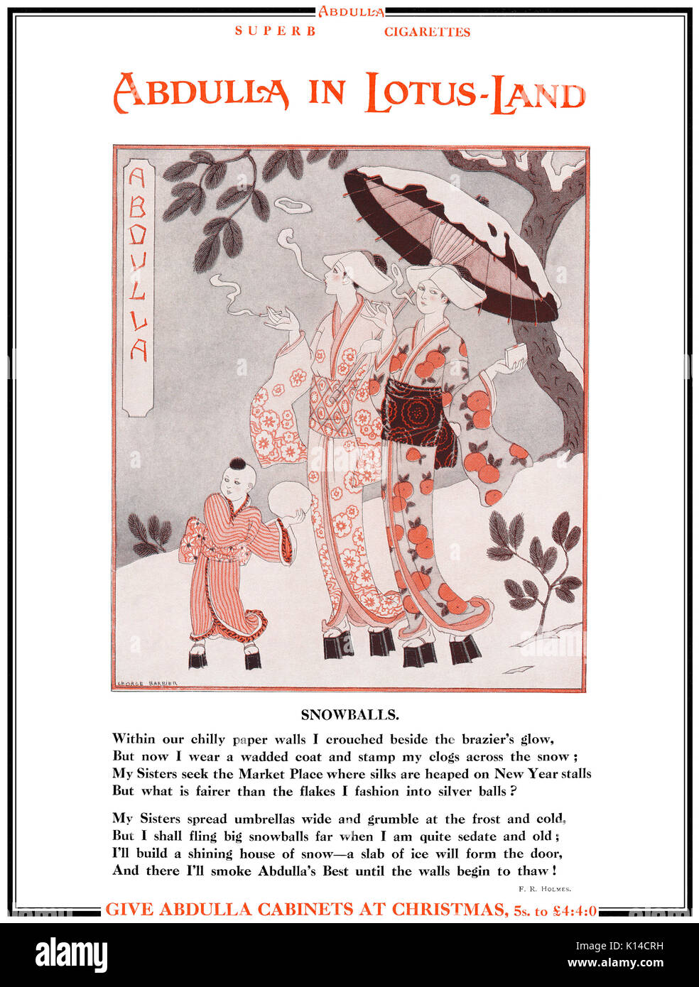 1928 britische Weihnachten Werbung für Abdulla Zigaretten. Mit Ill. von George Barbier. Stockfoto