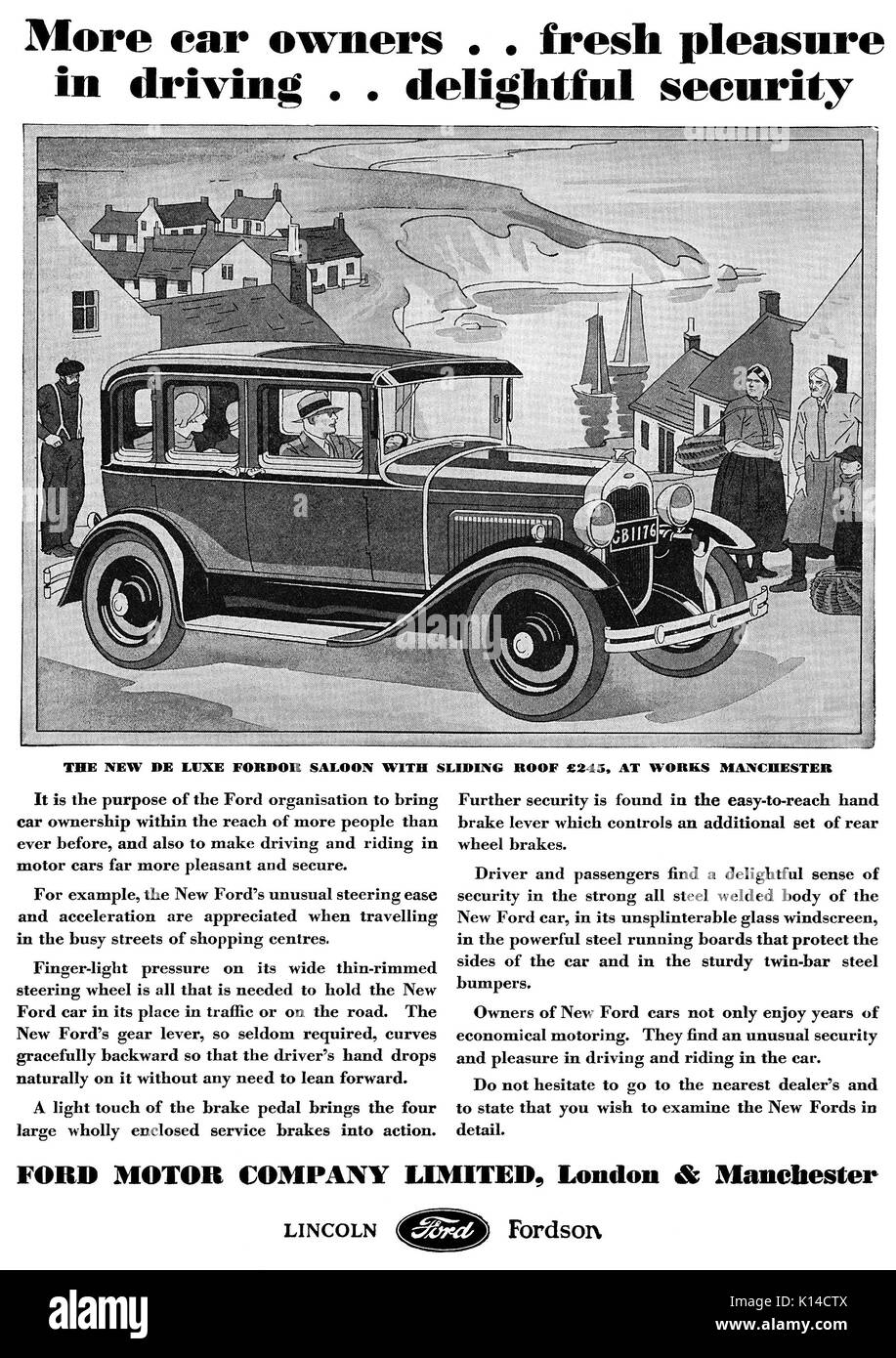 1930 britischen Werbung für den Ford Fordor Limousine. Stockfoto