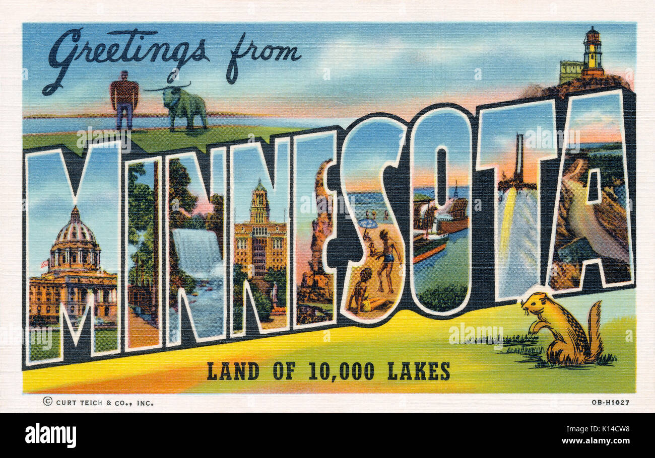1940 Vintage US 'Grüße aus Minnesota' Postkarte. Von Curt Teich veröffentlicht. Stockfoto