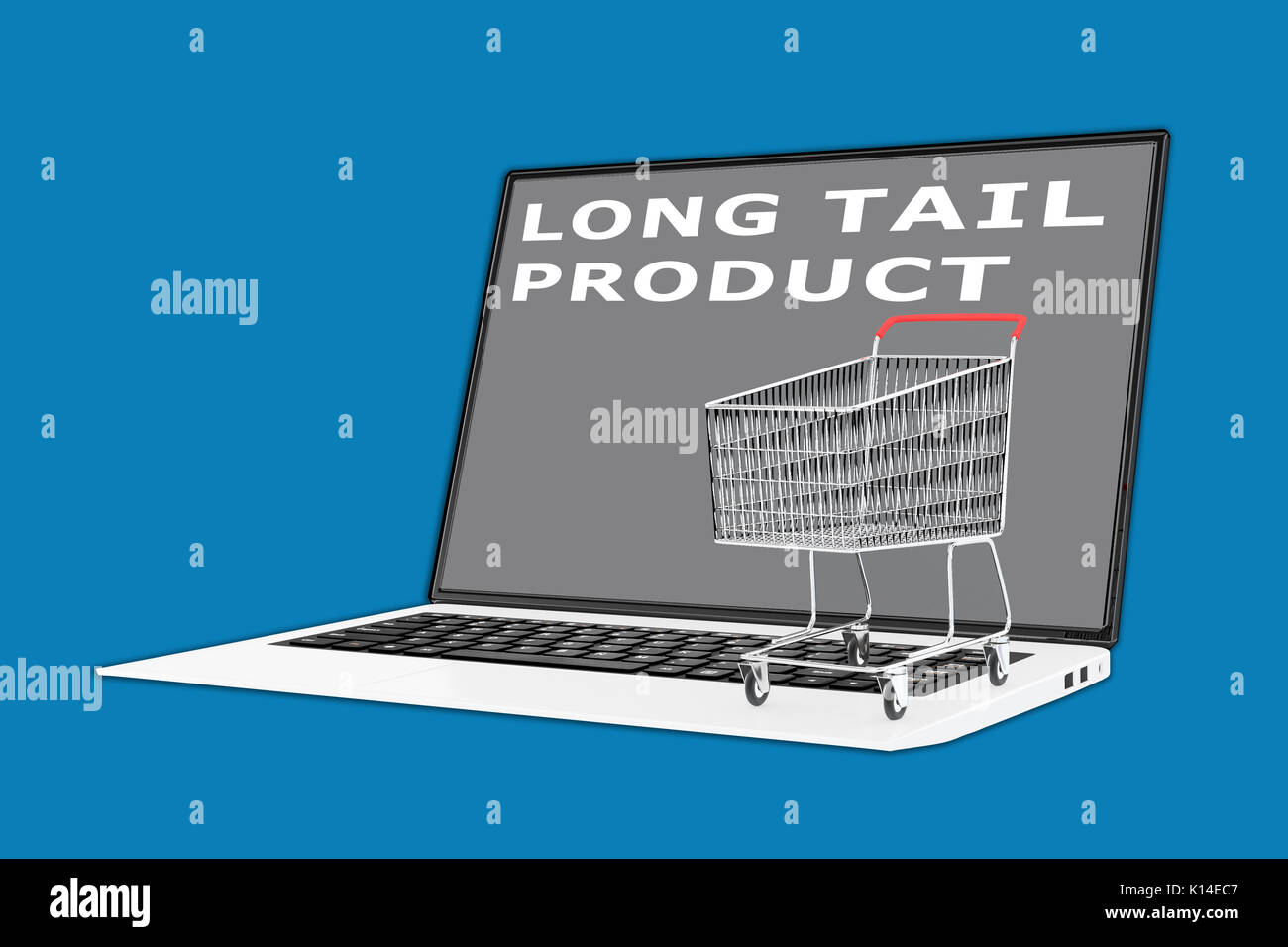 3D-Darstellung der "Long Tail"-Skript mit einem Supermarkt Warenkorb gelegt auf der Tastatur Stockfoto