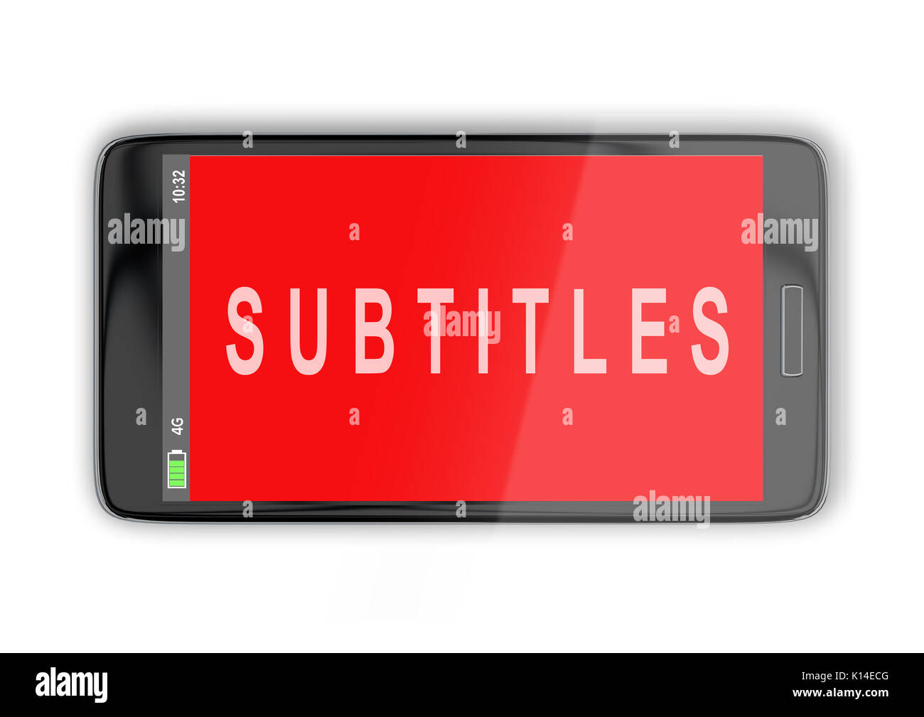 3D-Illustration der UBTITLES' Titel auf zelluläre Bildschirm, isoliert auf Weiss. Kommunikationskonzept. Stockfoto
