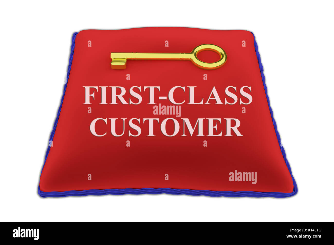 3D-Illustration des "Kunden" Titel auf rotem Samt Kissen in der Nähe von einem goldenen Schlüssel, isoliert auf Weiss. Stockfoto