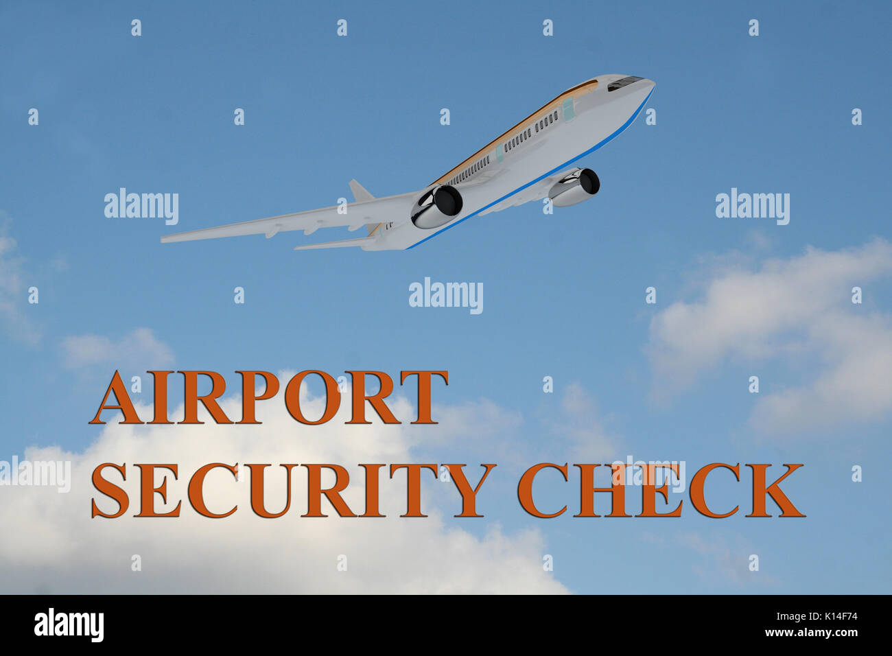 Render Abbildung: 'AIRPORT SECURITY CHECK" Titel an bewölkten Himmel als Hintergrund, die im Rahmen eines Flugzeuges, das ausgeschaltet ist. Stockfoto