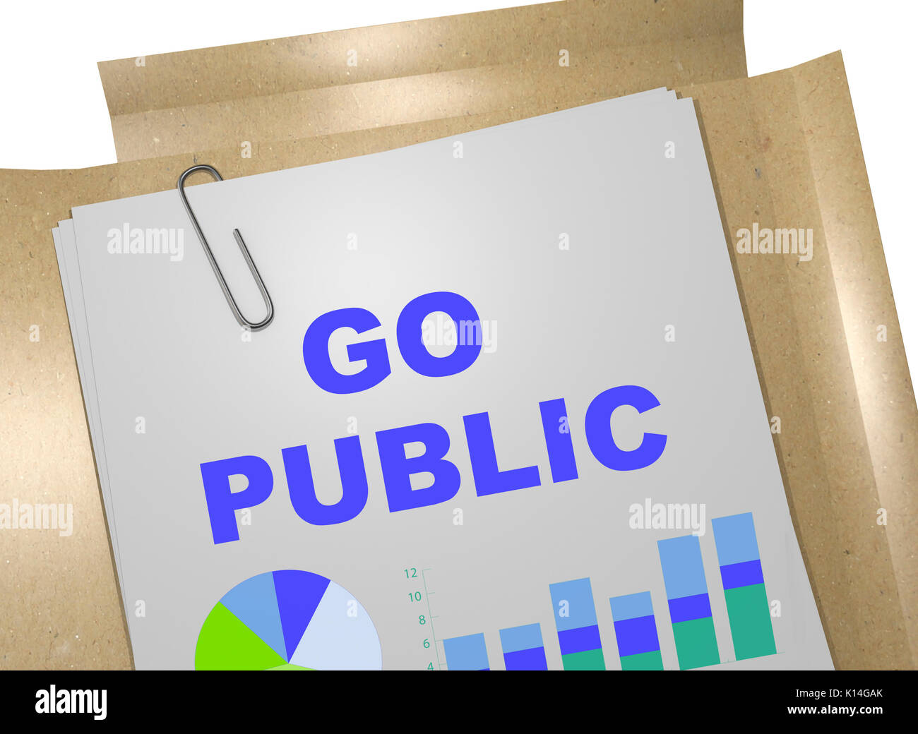 3D-Darstellung der "GO PUBLIC" Titel auf Business Document Stockfoto