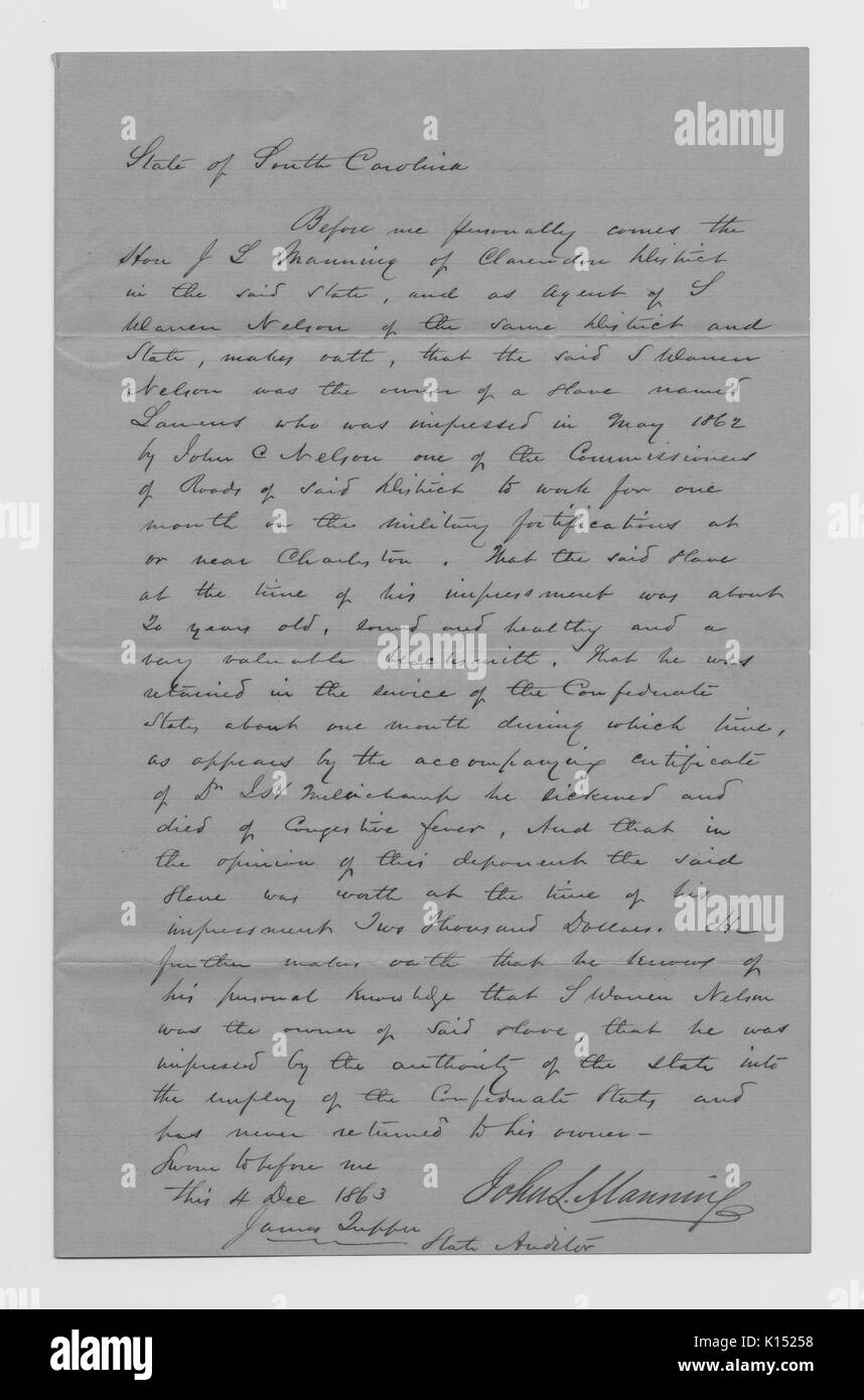 Handgeschriebenen Brief zur Verfügung gestellt als Nachweis, dass ein Slave im Besitz von John Manning verloren wurde, während die militärische, Inhaber sucht die Erstattung aus South Carolina für den monetären Wert der Slave zu der Zeit seines Todes, 1863. Von der New York Public Library. Stockfoto