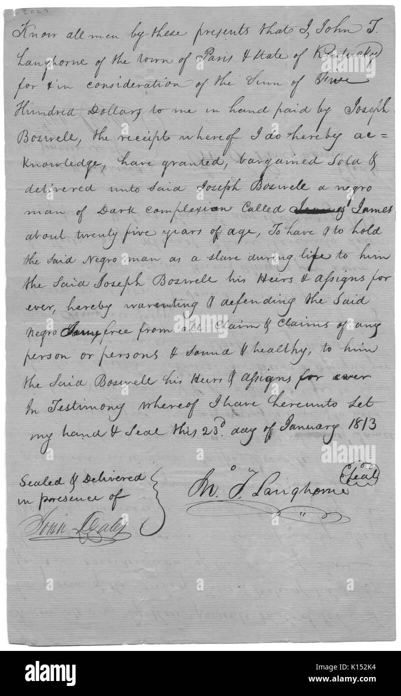 Ein Schreiben der Verkauf für einen Slave von John langhorne von Paris, Kentucky geschrieben, der Eigentümerschaft an den Slave bekannt als James für die Summe von $500 zu Joseph Boswell, enthält die Unterschrift von einem Notar, 1813. Von der New York Public Library. Stockfoto