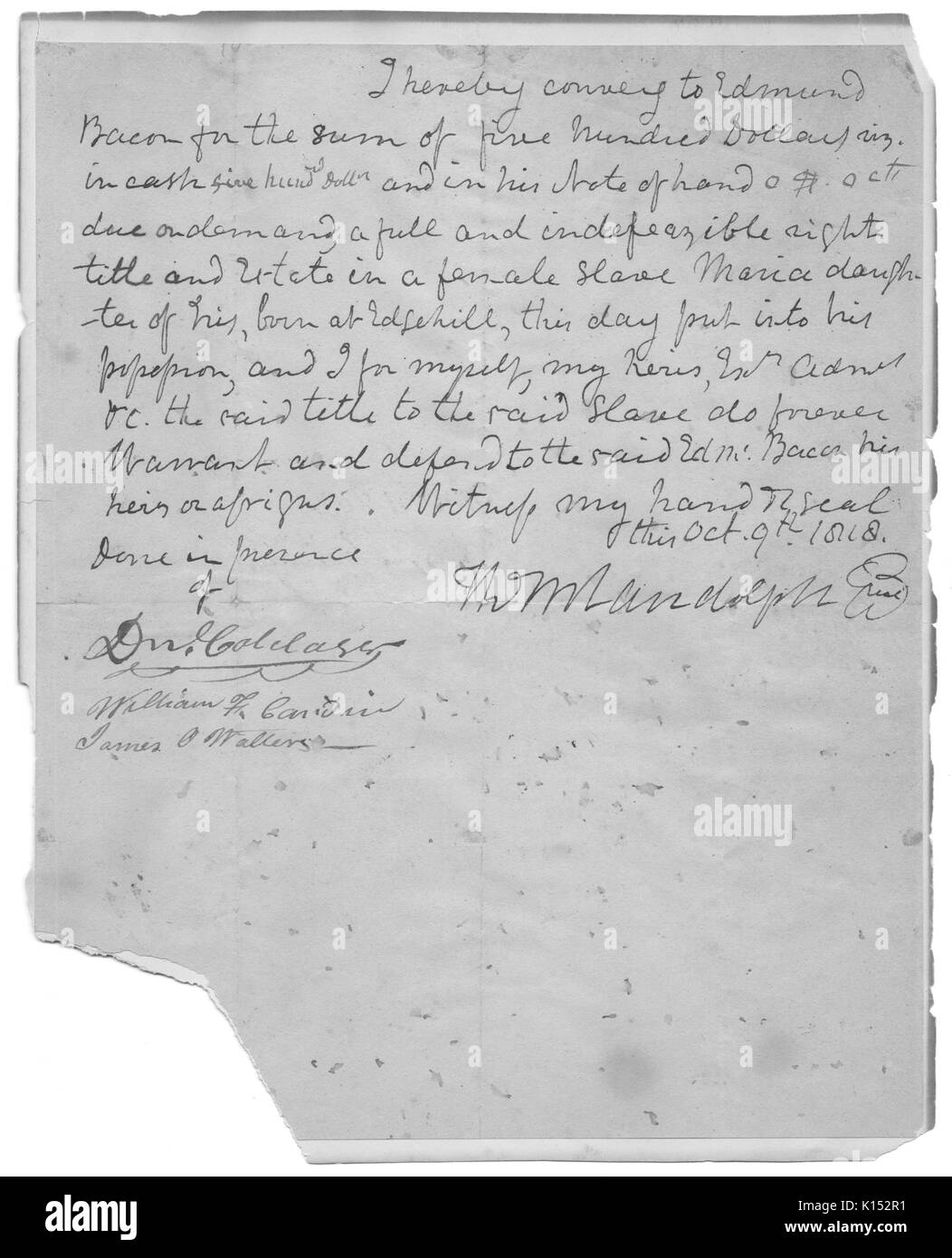 Eine handgeschriebene Rechnung für einen Sklaven namens Maria, von Edmund Speck für $500, 1818 gekauft. Von der New York Public Library. Stockfoto