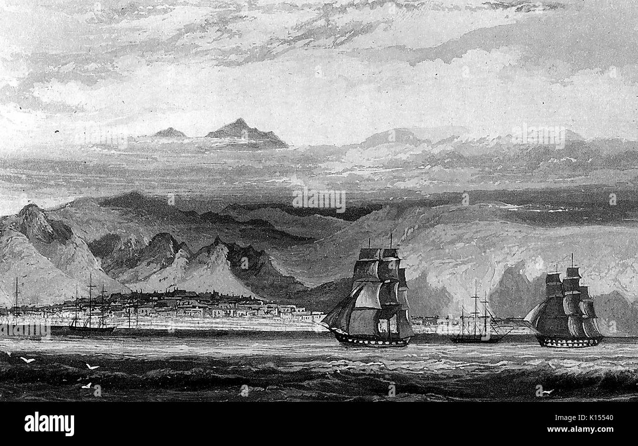 Lithographie mit dem Titel Anzeigen von Lima aus dem Meer in der Nähe von Callao, Lima, Peru, 1840. Stockfoto