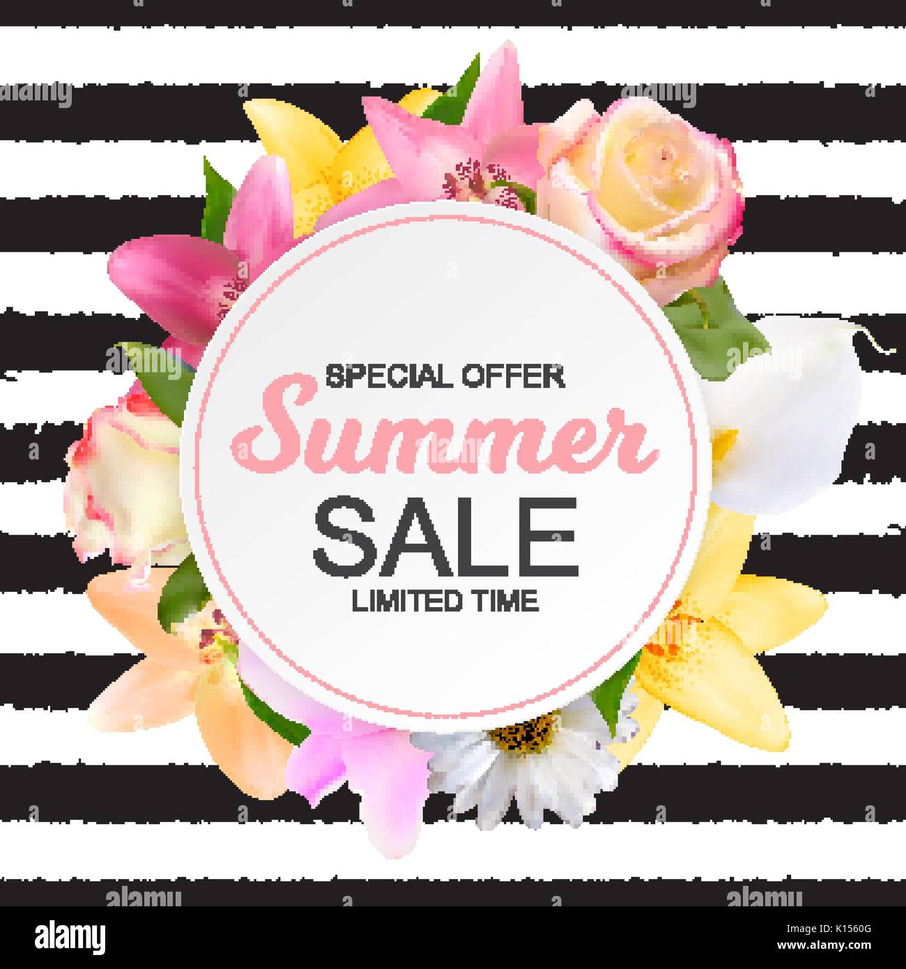 Summer Sale Banner mit Lilie, Rose, Kamille und Calla Blumen. Stock Vektor