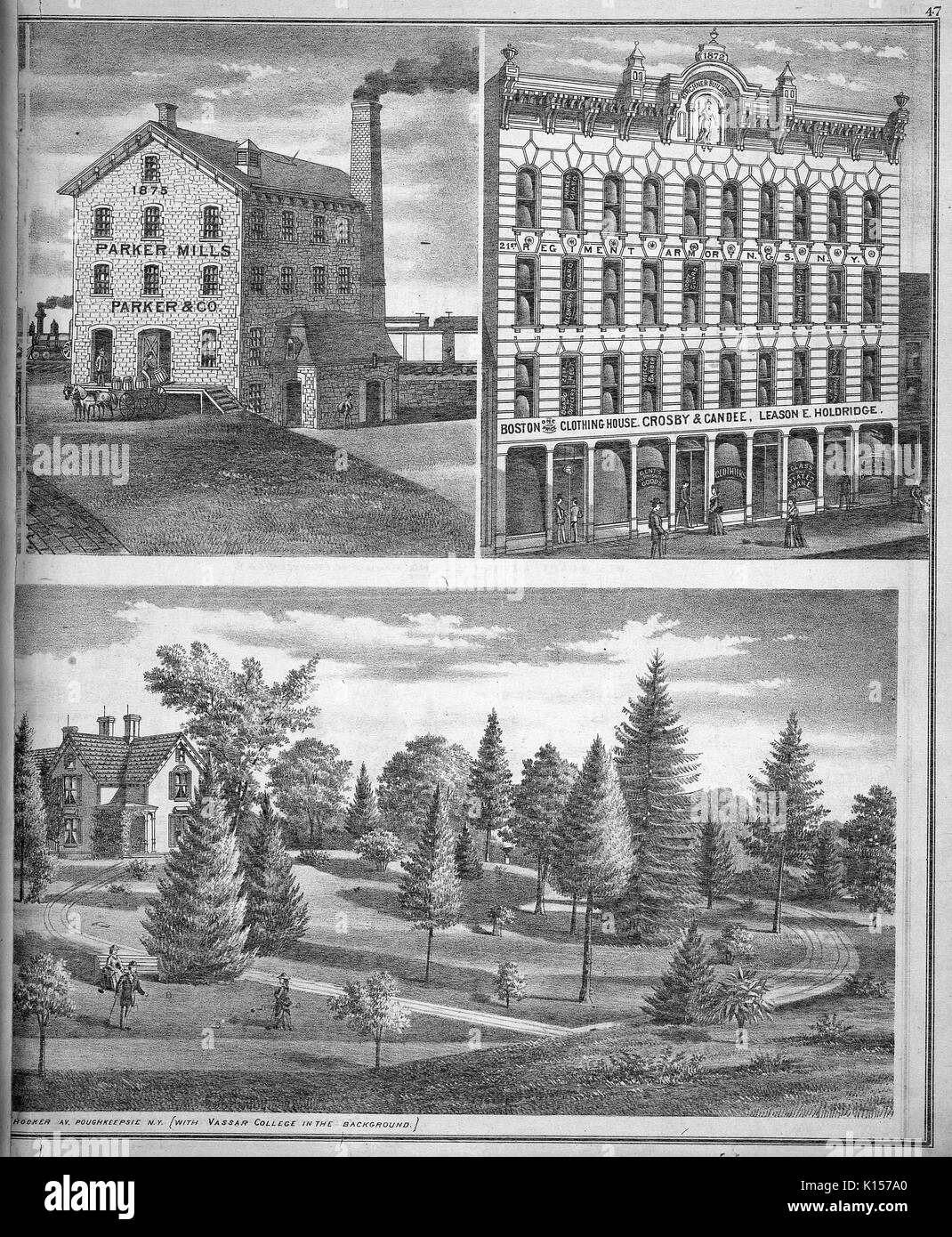 Graviert Ansichten von Erie County, New York, mit original Bildunterschrift lesen' Res von Capt Luther Elting Delafield St, Poughkeepsie NY,'Cedar Hills', den Aufenthalt von John PH Tallman, Hooker Av Poughkeepsie NY, mit Vassar College im Hintergrund", 1900. Von der New York Public Library. Stockfoto