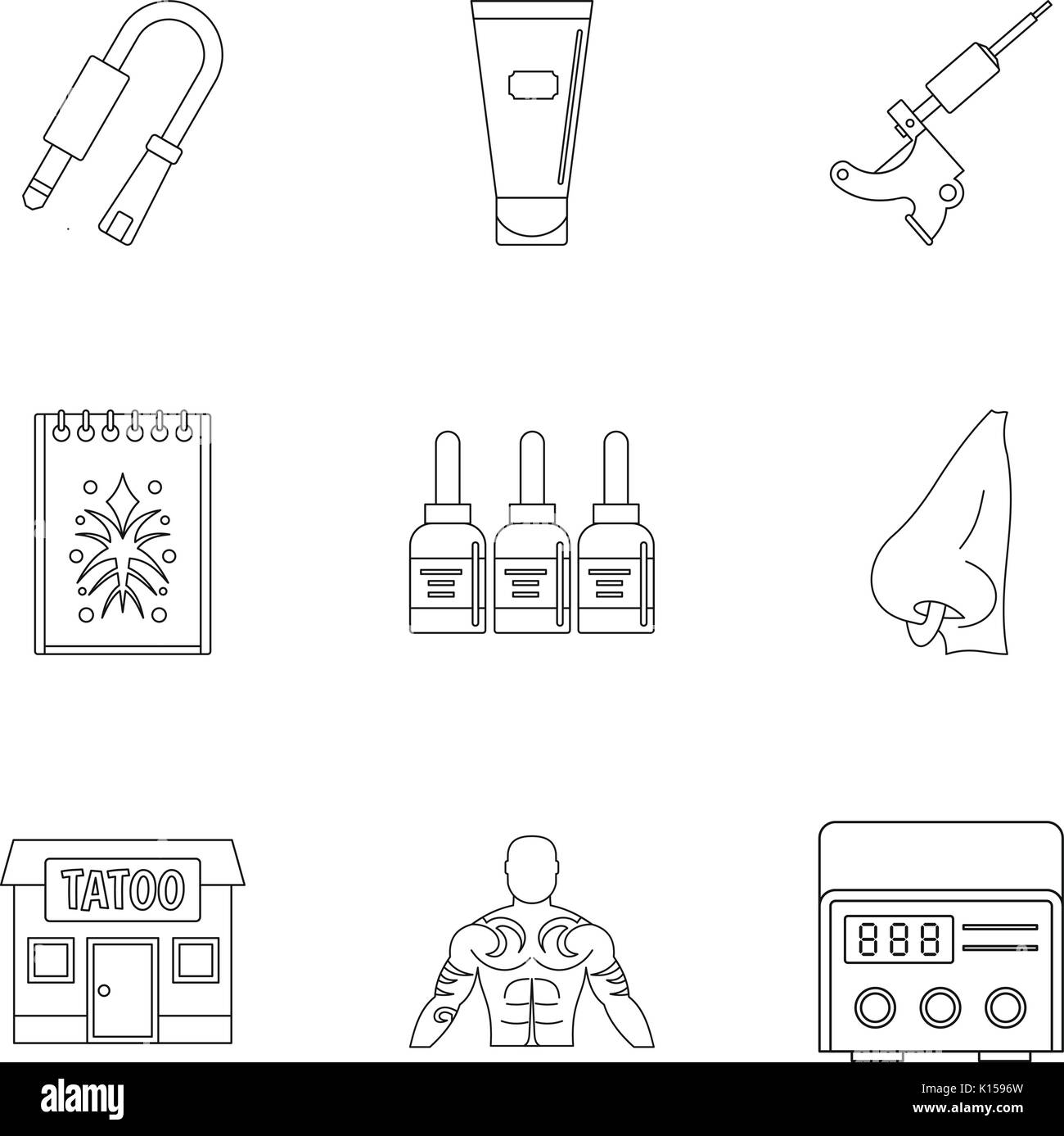 Tattoo salon Spezialist Icon Set, outline Style Stock Vektor