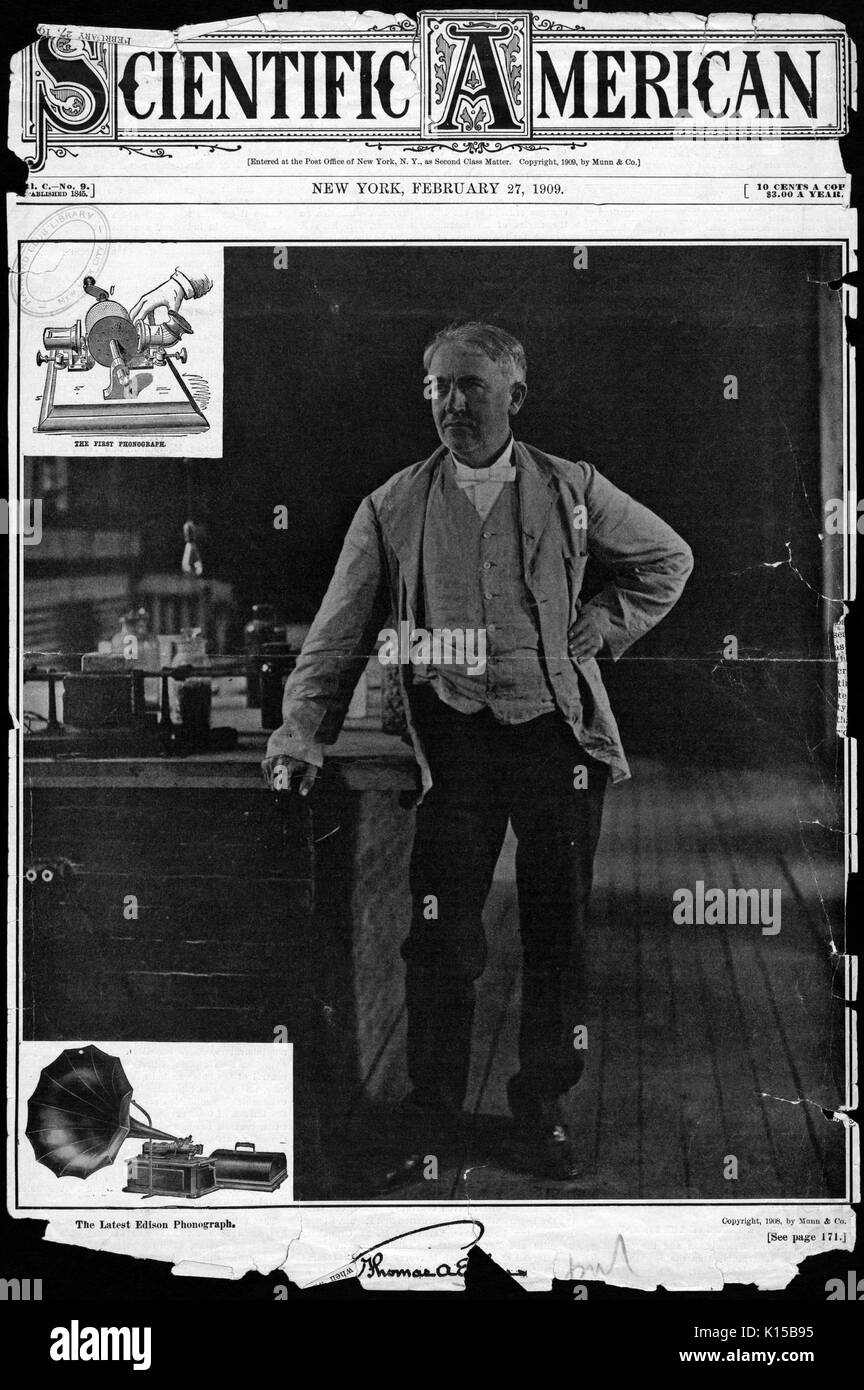 Scientific American Magazine Cover Bild, Erfinder Thomas Edison, zusammen mit dem Phonographen und mehrere seiner anderen Erfindungen, 27. Februar 1909. Von der New York Public Library. Stockfoto