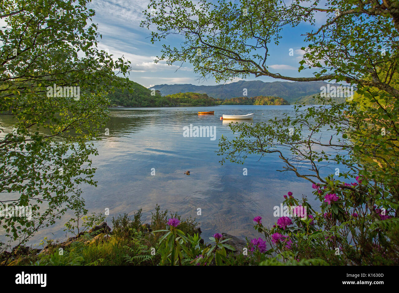 Atemberaubende Landschaft mit Loch Morar mit zerklüfteten Bergen und mit Booten auf die ruhige, blaue Wasser unter blauem Himmel in Schottland gesäumt Stockfoto