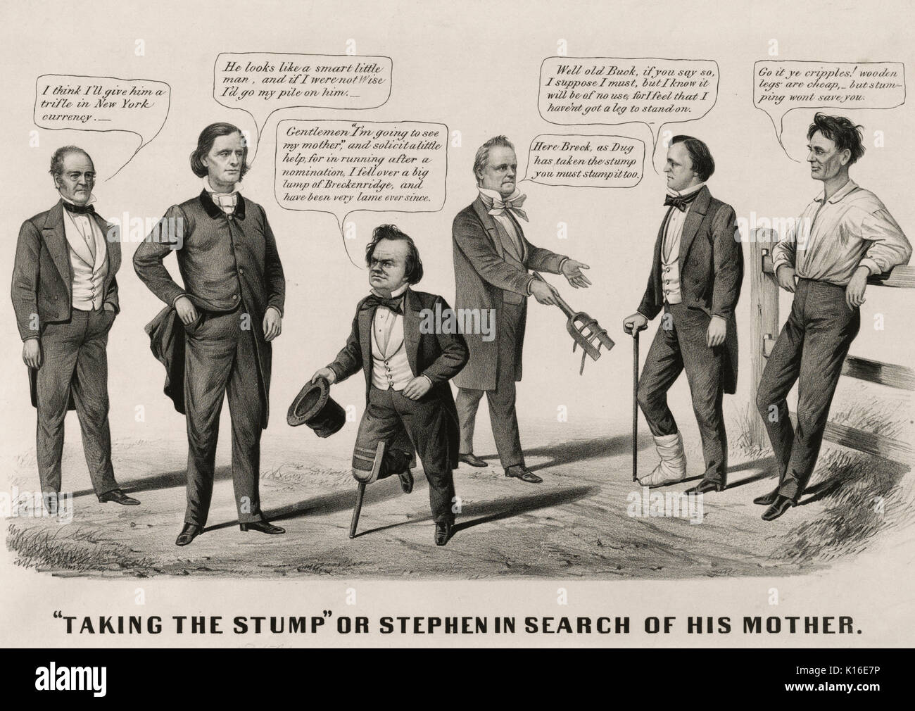 "Unter den Stumpf" oder Stephen auf der Suche nach seiner Mutter. Eine Satire auf Douglas Juli 1860 Kampagne Tour von Upstate New York und New England. Hier ein Doppeltes - entendre in der Verwendung des Wortes tump, "Spielen auf seine Verwendung als colloquialism für beide Kampagnen und ein Holzbein. Im Zentrum Douglas, trägt ein Holzbein, spricht mit John Bell von Tennessee, konstitutionellen Union Präsidentschaftskandidaten (ganz links), und einflussreicher Demokrat Virginia Gouverneur Henry A. Weisen. Douglas, die Herren p (s werde meine Mutter sehen", und ein wenig Hilfe, die in den Betrieb nach einer Nominierung erbitten, fiel ich über ein Stockfoto