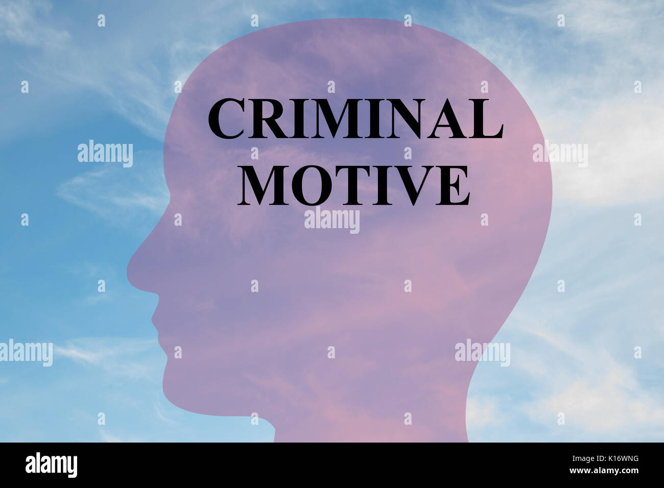 Die Abbildung des 'kriminellen Motiv" Titel auf dem Kopf silhouette, mit bewölktem Himmel als Hintergrund. Stockfoto