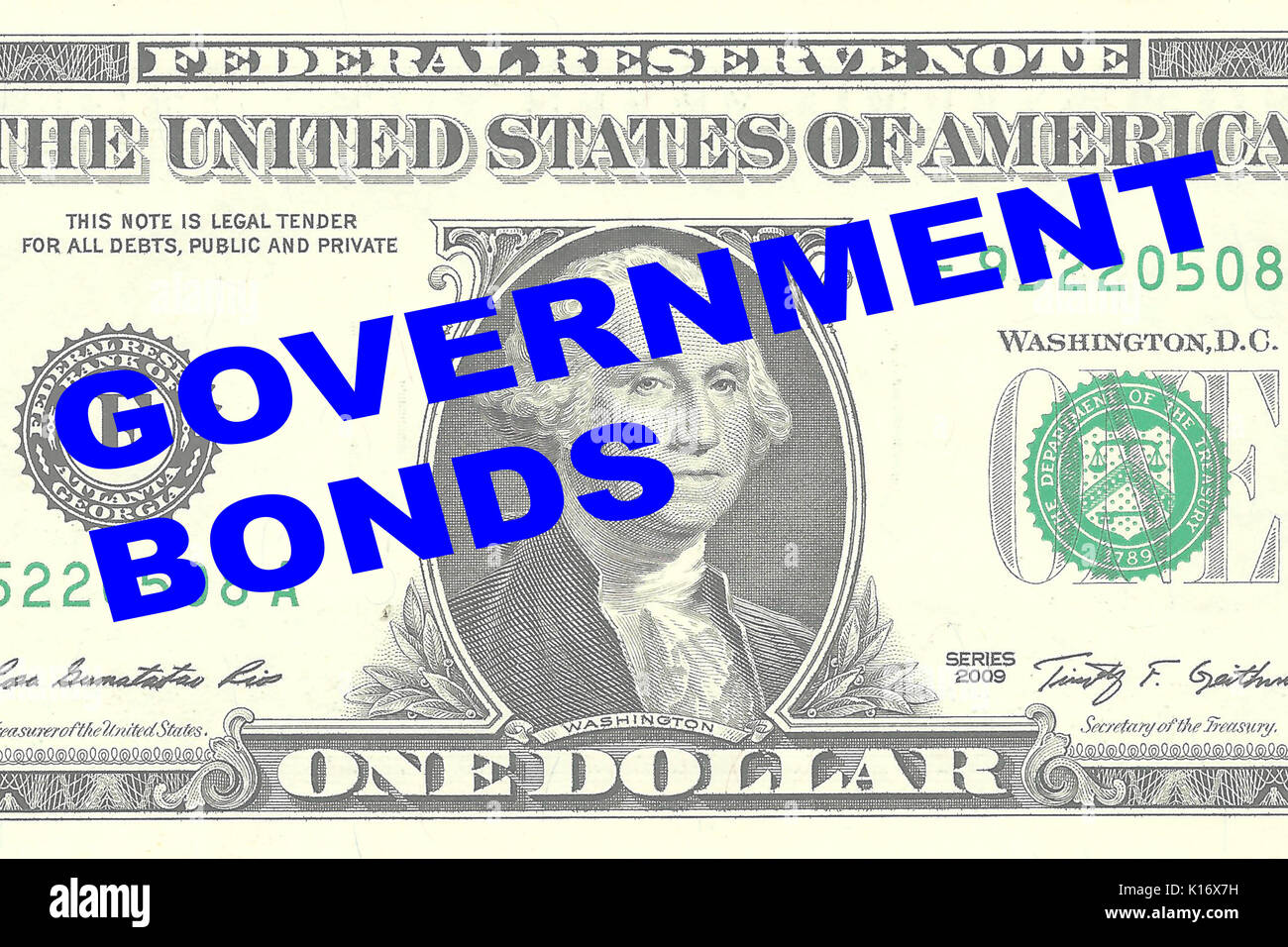 Render Abbildung von "STAATSANLEIHEN" Titel von einem Dollar Bill als Hintergrund Stockfoto