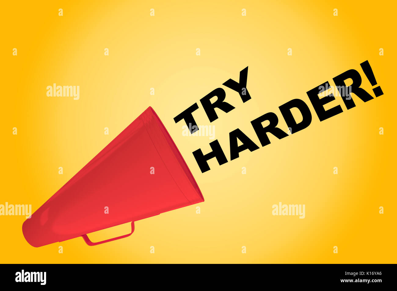 3D-Illustration des "Try Harder!" Titel aus einem Lautsprecher. So bald wie möglich. Stockfoto