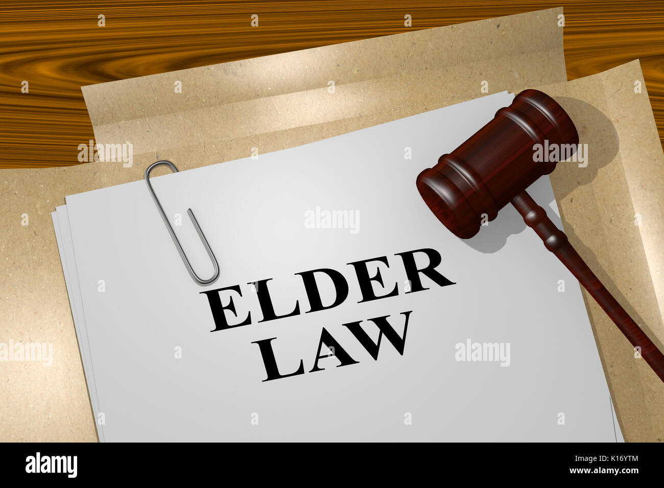 3D-Darstellung der 'Elder Law" Titel auf rechtliches Dokument Stockfoto