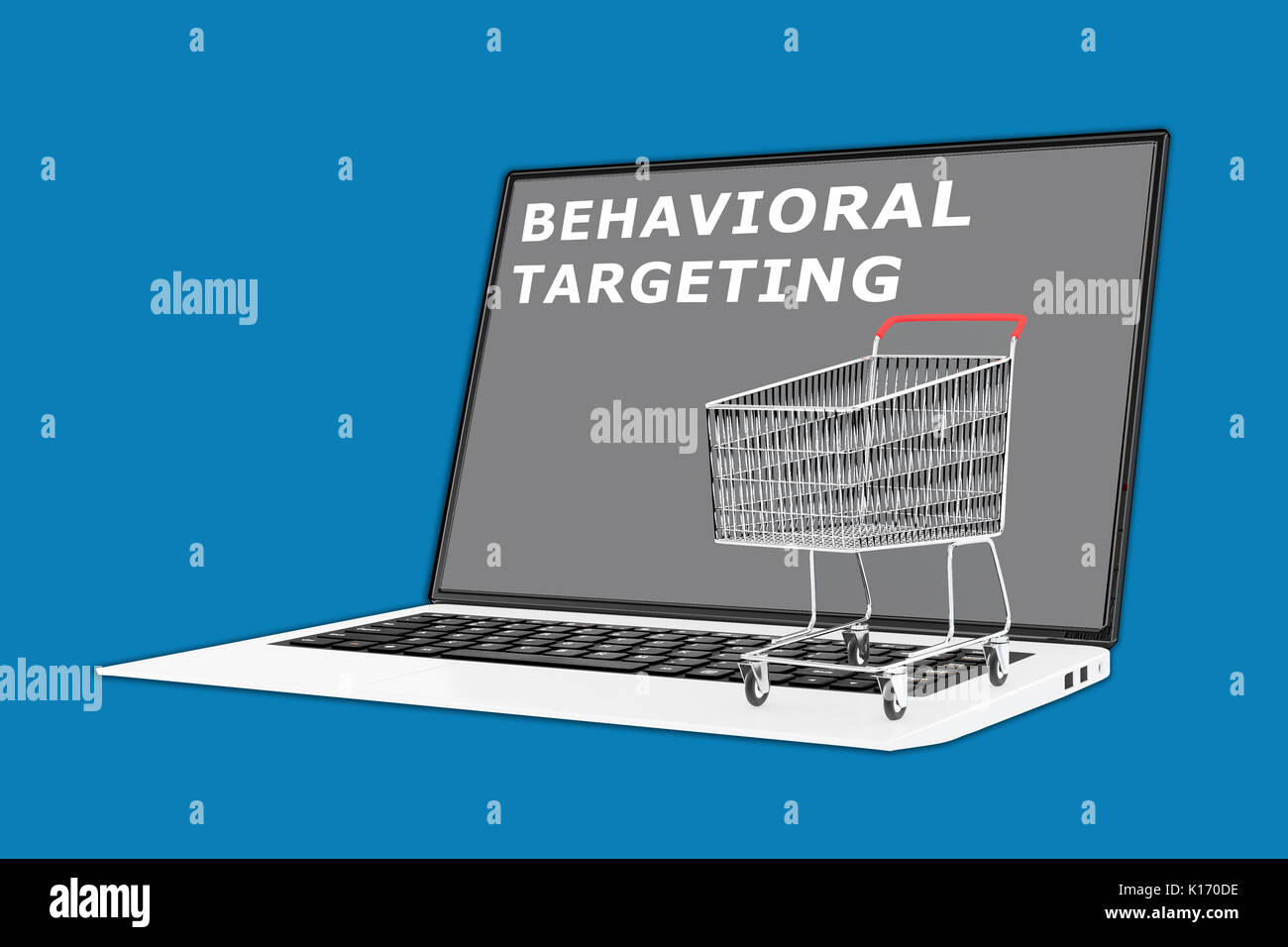 3D-Darstellung der "Behavioral Targeting"-Skript mit einem Supermarkt Warenkorb gelegt auf der Tastatur Stockfoto