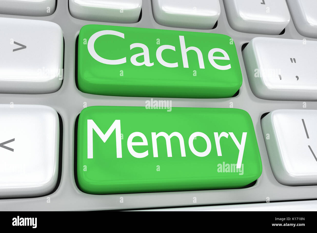 3D-Abbildung der Tastatur mit dem Print "Cache Speicher' auf zwei angrenzende grüne Tasten Stockfoto