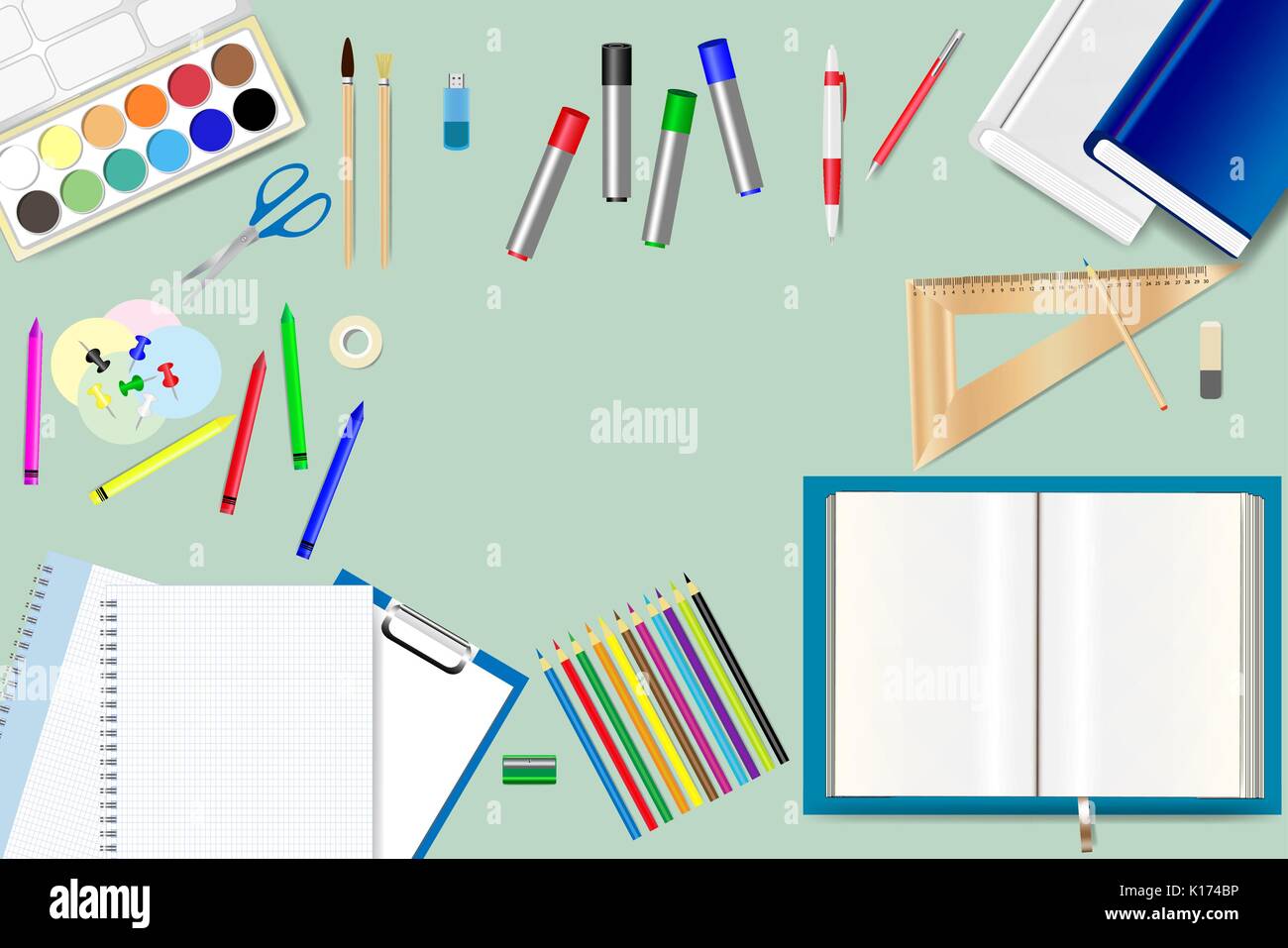 Schulbedarf liegen auf dem grünen Hintergrund. Freier Platz für Ihr Text wird in der Mitte des Vektors. Stock Vektor