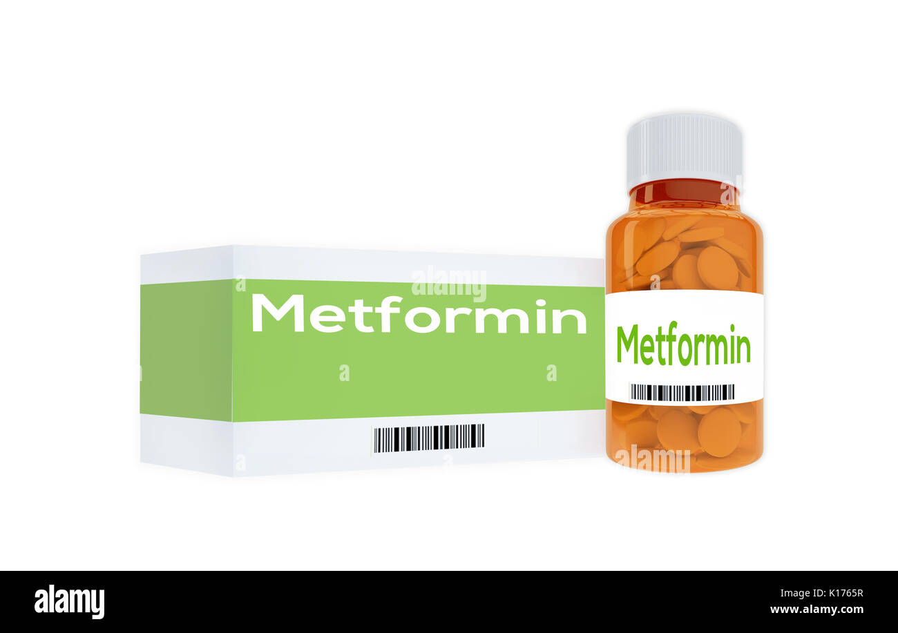 3D-Darstellung der 'Metformin Medizin" Titel auf Pille Flasche, isoliert auf Weiss. Menschliche Persönlichkeit Konzept. Stockfoto