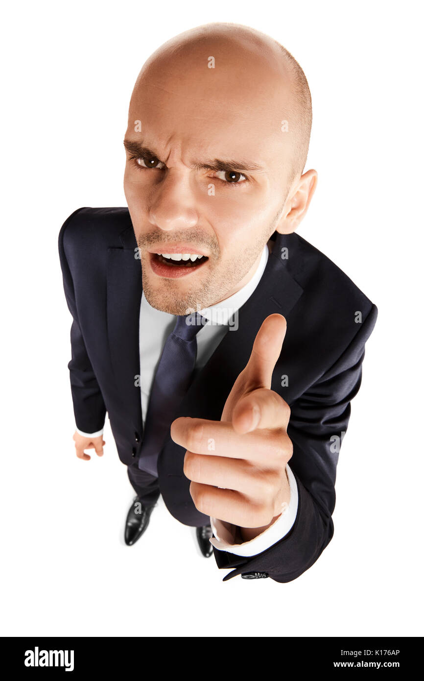 Oben Blick auf junge Unternehmer weist mit dem Finger auf sie. Kopieren Sie Platz. Auf weissem Hintergrund. Stockfoto