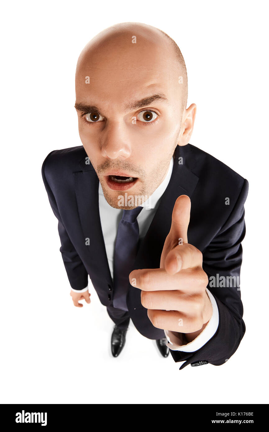 Oben Blick auf junge Unternehmer weist mit dem Finger auf sie. Kopieren Sie Platz. Auf weissem Hintergrund. Stockfoto