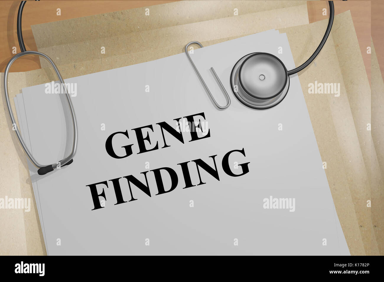 3D-Darstellung der 'Gene finden" Titel auf medizinische Dokumente. Medizinische Forschung Konzept. Stockfoto