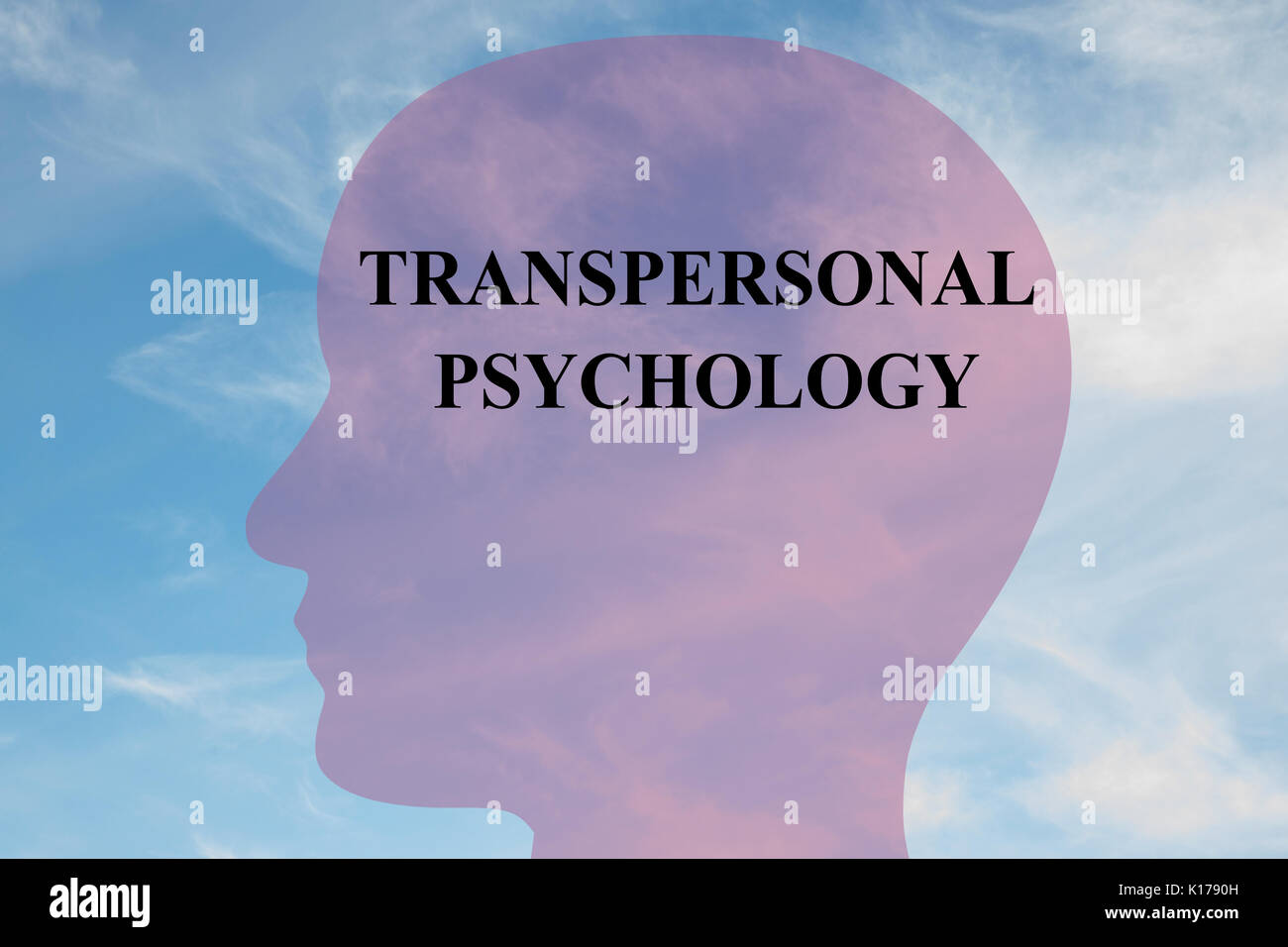 Die Abbildung der "Transpersonalen Psychologie" Skript auf dem Kopf silhouette, mit bewölktem Himmel als Hintergrund. Menschliche geistige Konzept. Stockfoto