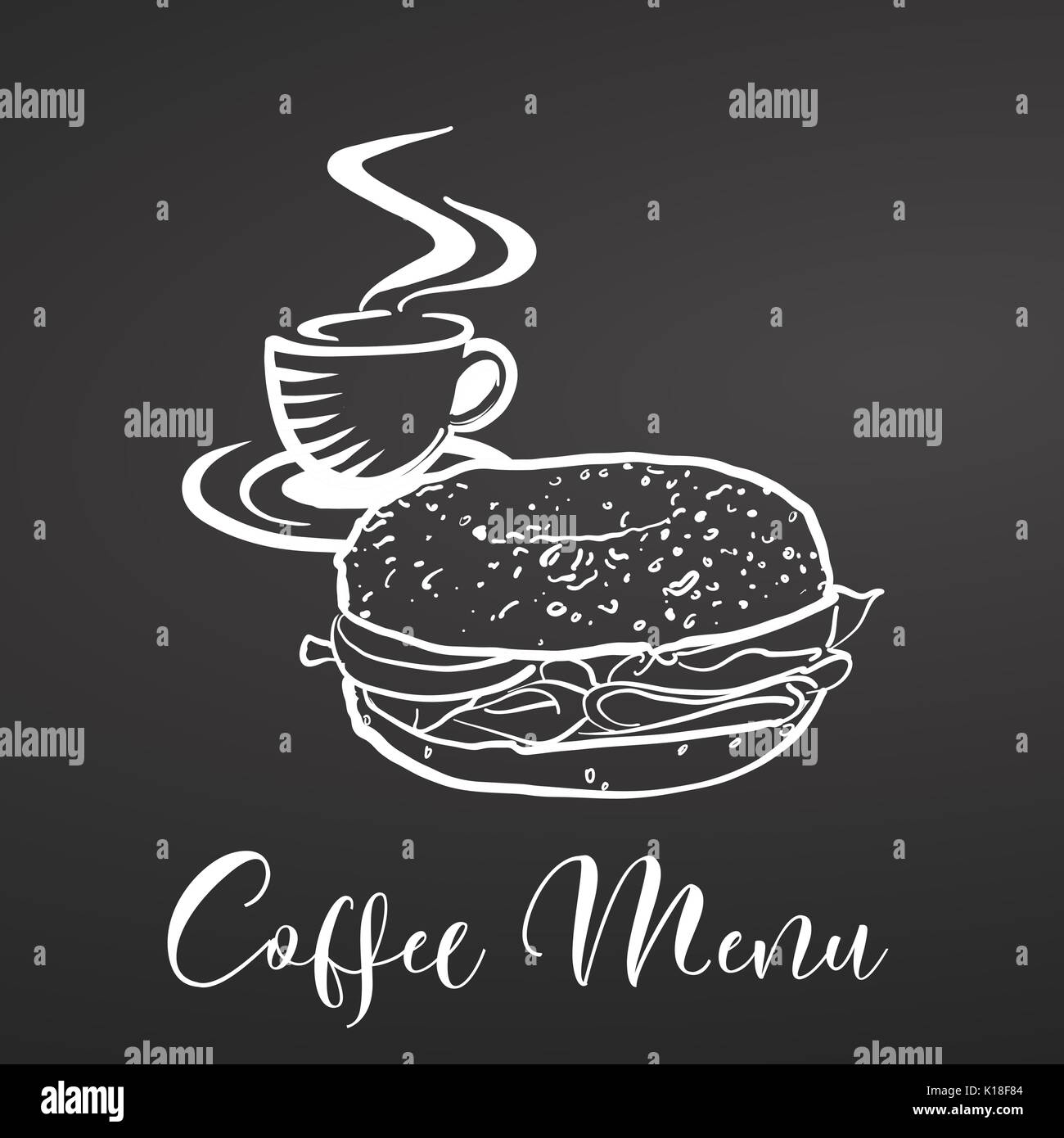 Kaffee und Bagel Menü, Kreide auf Tafel. Hand gezeichnet Essen und Beschriftung. Schwarz und Weiß. Stock Vektor