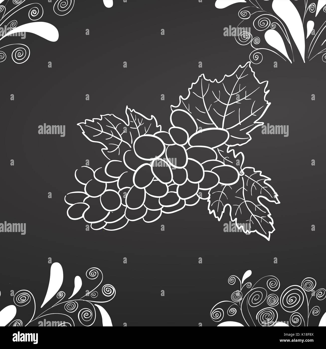 Wein trauben und Blätter Kreide auf Tafel, Hand gezeichnet und gesundes Essen. Schwarz und Weiß. Stock Vektor