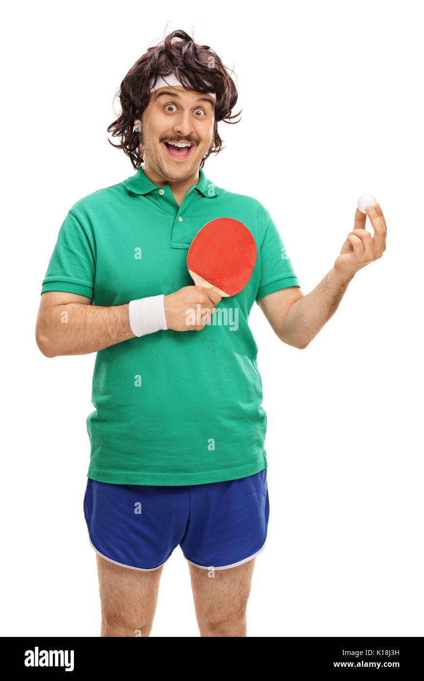 Retro Sportler mit einer Tischtennis Schläger und einen Ball auf weißem Hintergrund Stockfoto