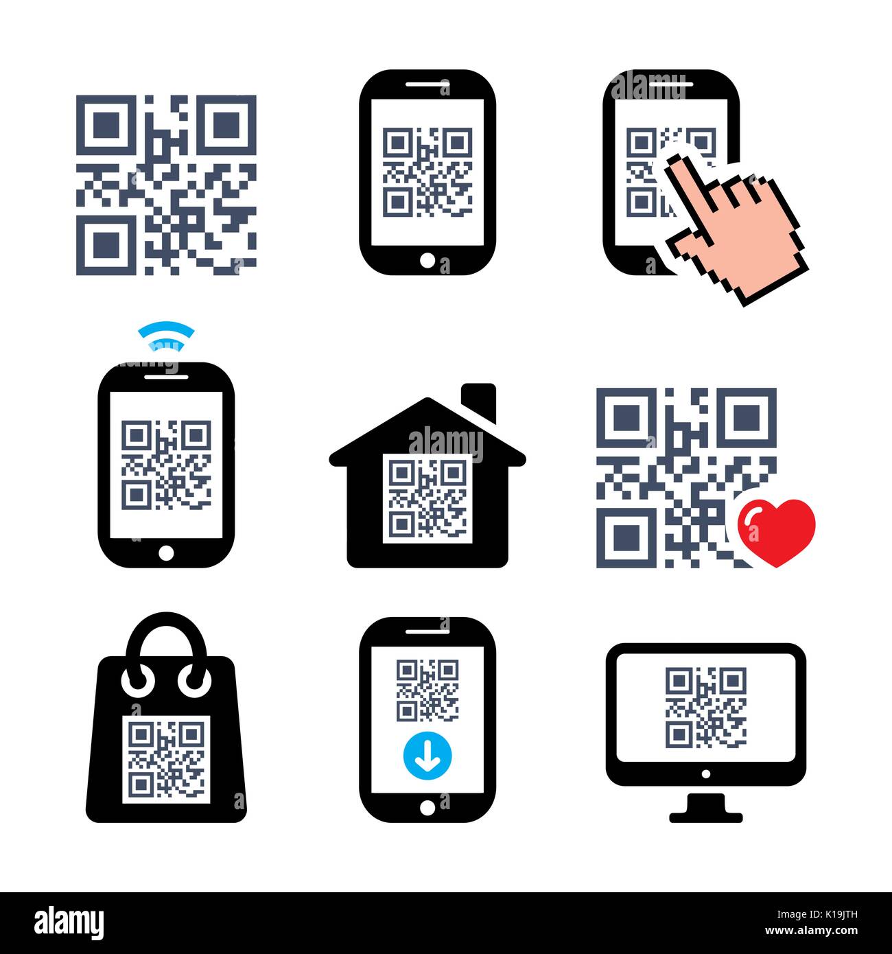 QR-Code auf Handy oder Handy Icons set Stock Vektor