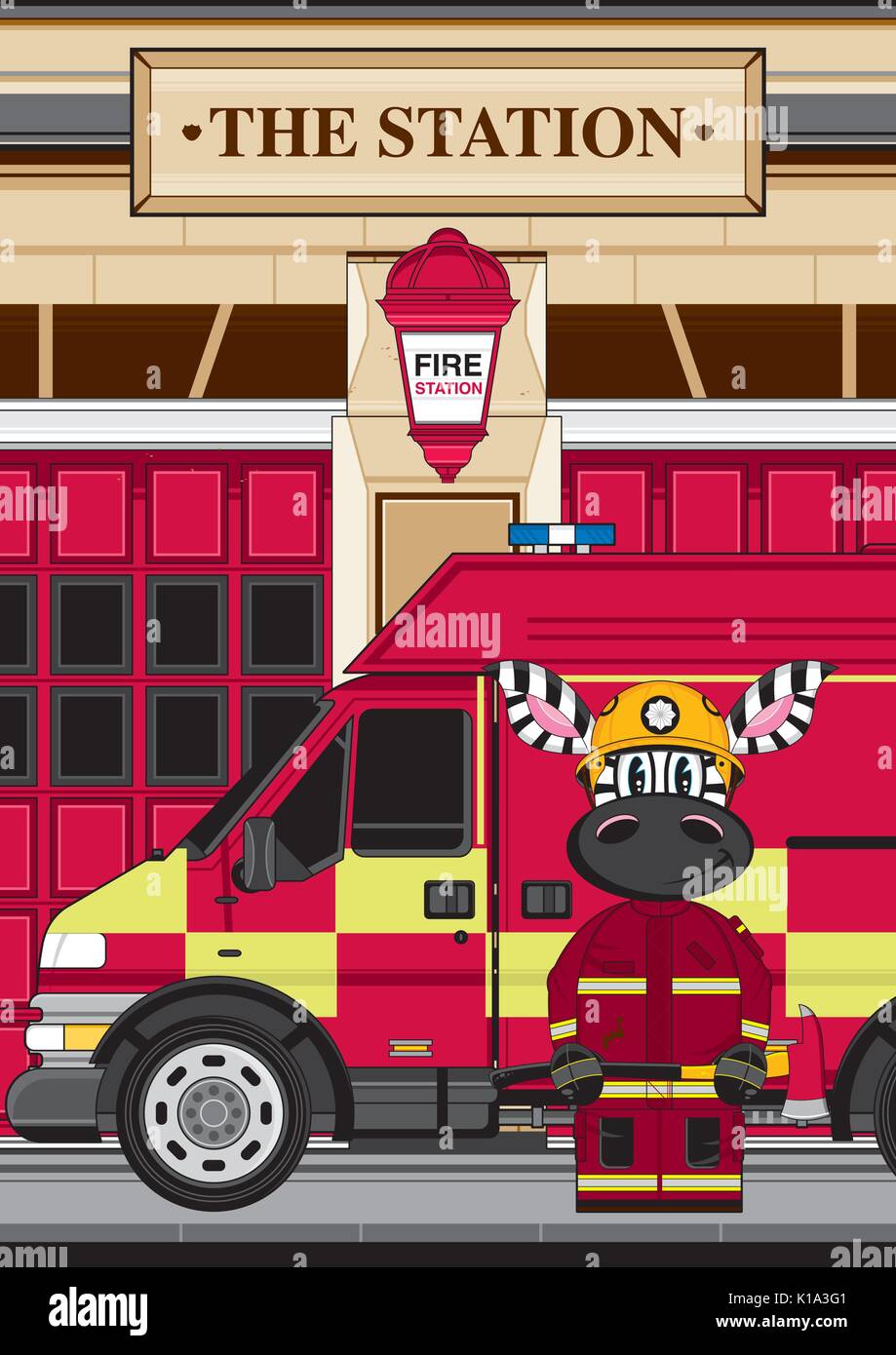 Cartoon Zebra Feuerwehrmann - Feuerwehrmann und Fire Engine Vector Illustration Stock Vektor