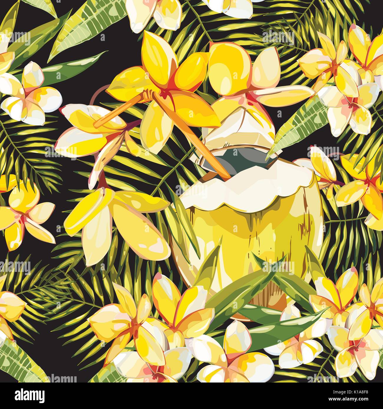 Nahtlose Muster mit tropischen Blumen, Kokosnuss. Element für die Gestaltung von Einladungen, Filmplakate, Stoffen und anderen Objekten. Auf weiß isoliert. Vektor Stock Vektor