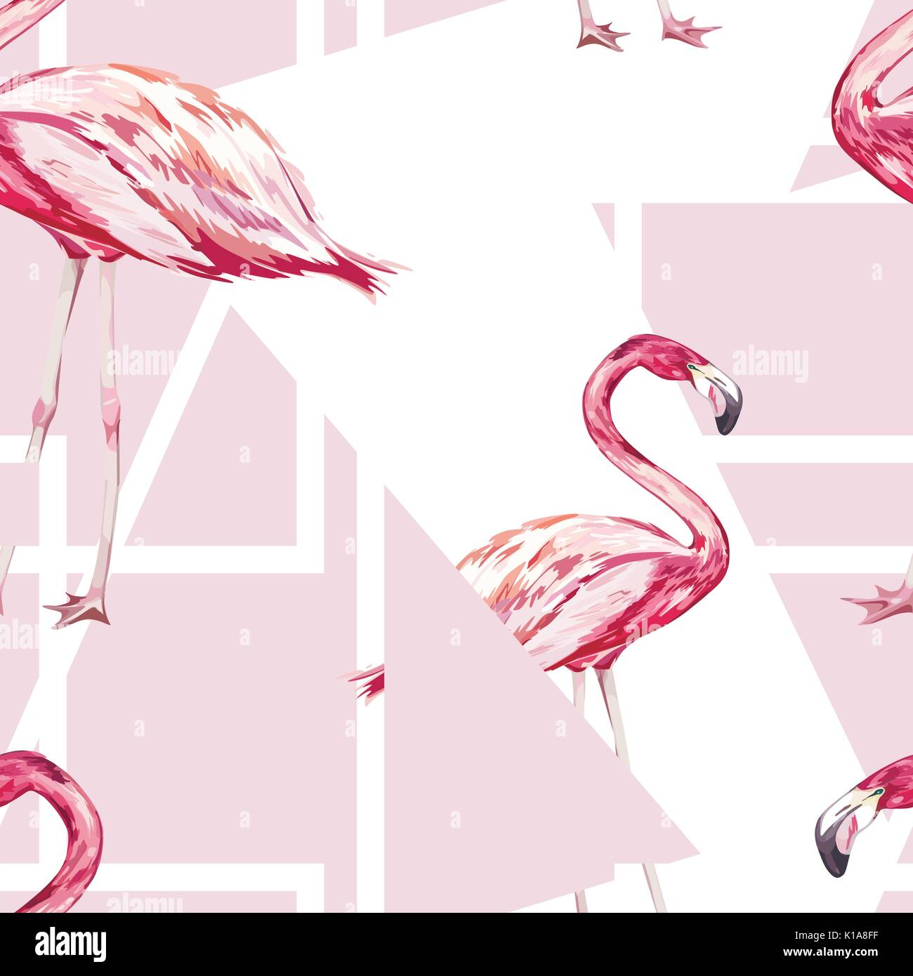Nahtlose Muster mit tropischen Flamingo. Element für die Gestaltung von Einladungen, Filmplakate, Stoffen und anderen Objekten. Auf weiß isoliert. Geometrie gesetzt wird. Vector EPS 10. Stock Vektor