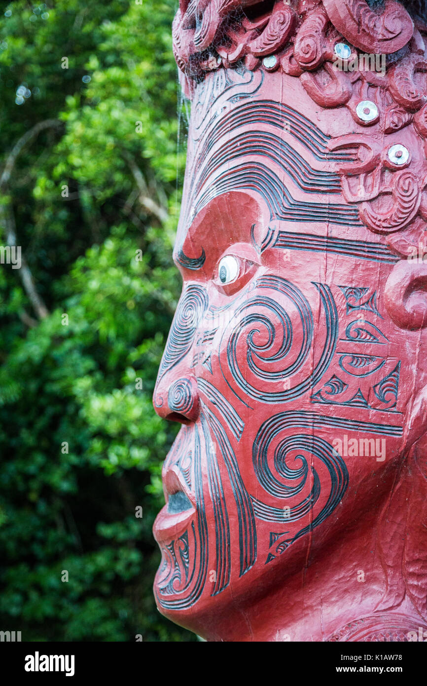Eine rote Maori Carving oder Whakairo in einem Pol oder Pouwhenua an tieke Kainga in Neuseeland Stockfoto