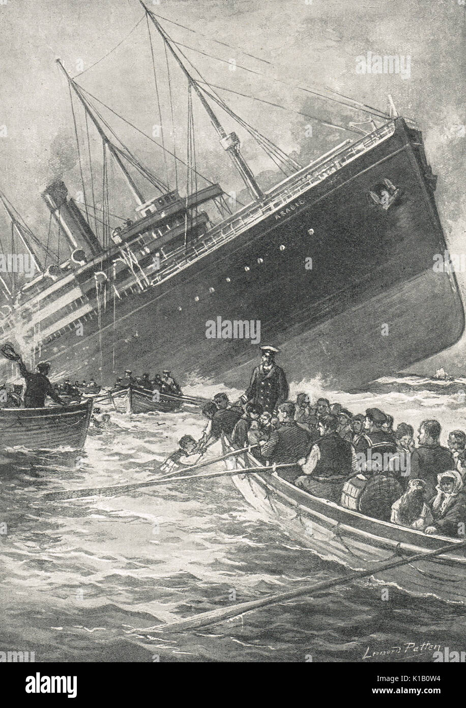 White Star Ocean Liner SS Arabisch, die von u-Boot versenkt, 19. August 1915, WK 1. Stockfoto