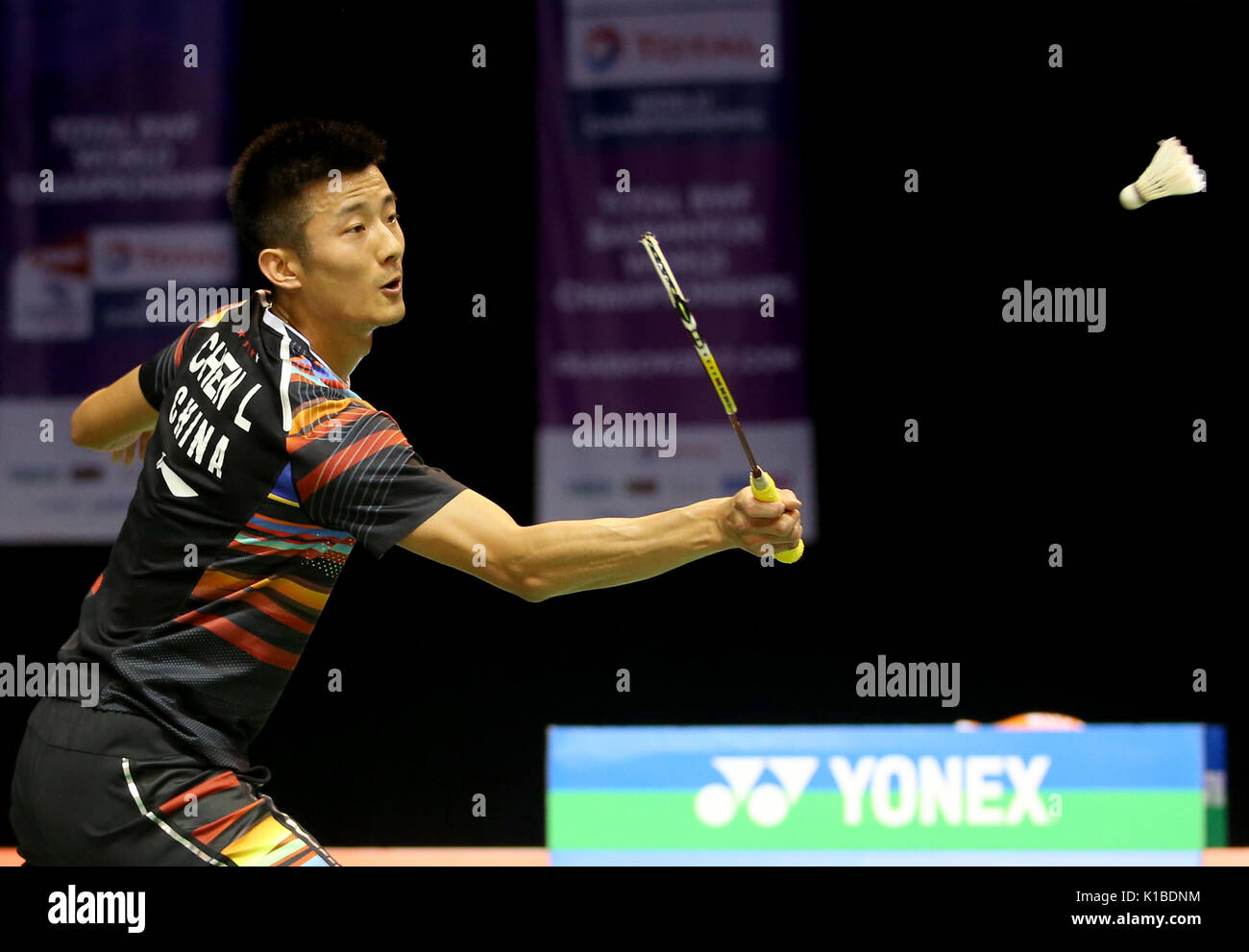 China's Long Chen im Viertelfinale am Tag fünf der BWF-Weltmeisterschaften 2017 im Emirates Arena, Glasgow. PRESS ASSOCIATION Foto. Bild Datum: Freitag, August 25, 2017. Siehe PA Geschichte BADMINTON Welt. Photo Credit: Jane Barlow/PA-Kabel. Einschränkungen: Nur für den redaktionellen Gebrauch bestimmt. Keine kommerzielle Nutzung. Stockfoto