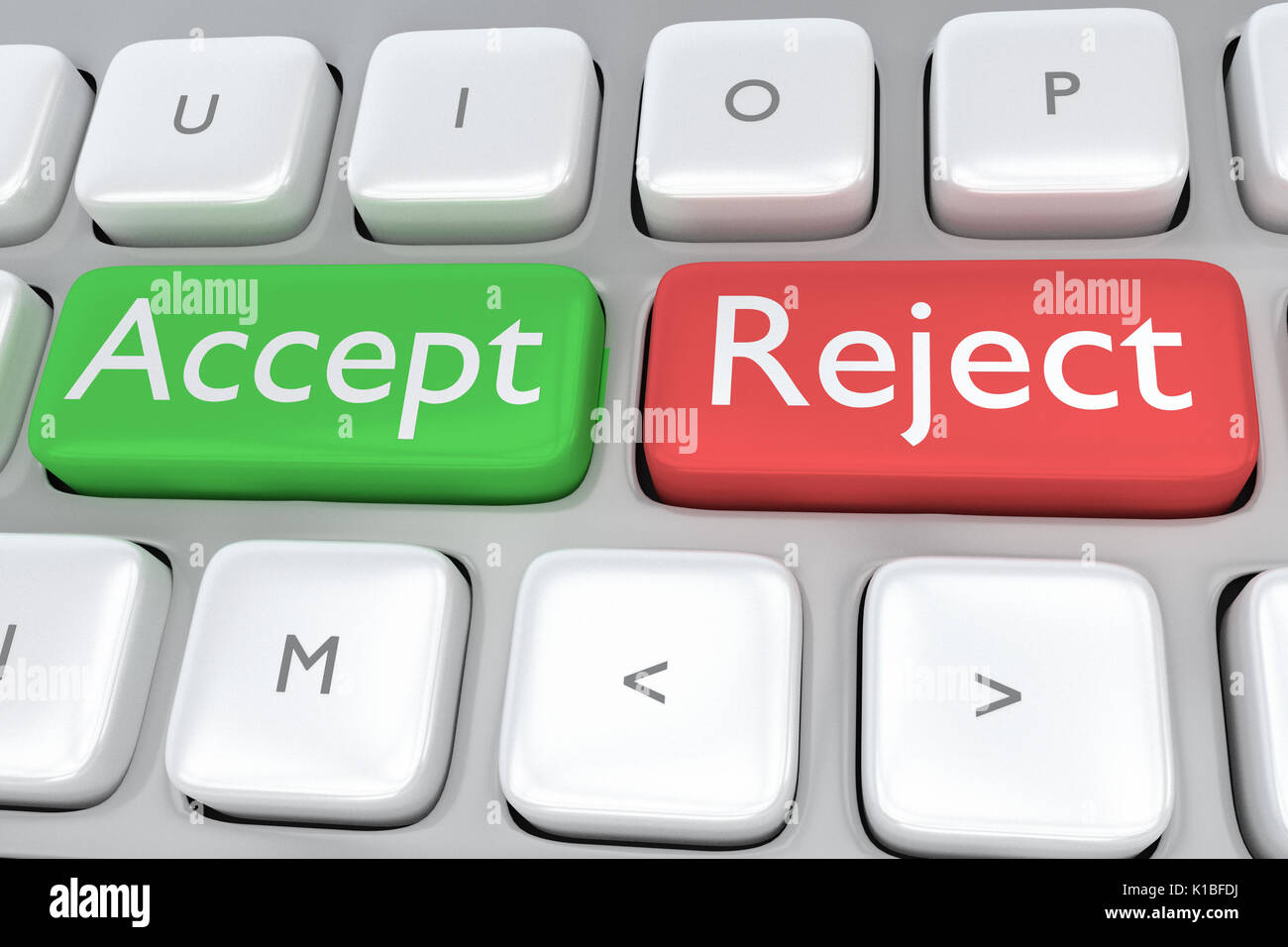Render Abbildung der Tastatur, um den Druck auf die grüne Schaltfläche, und das Drucken auf einem nahe gelegenen Ablehnen, rote Taste Stockfoto