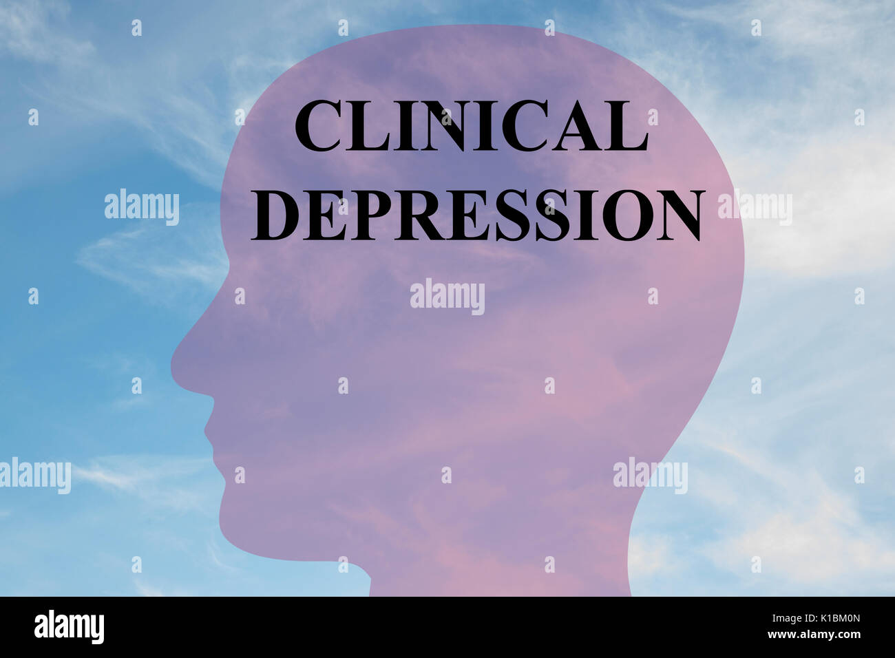 Render Abbildung klinischer Depression Titel auf dem Kopf silhouette, mit bewölktem Himmel als Hintergrund. Stockfoto