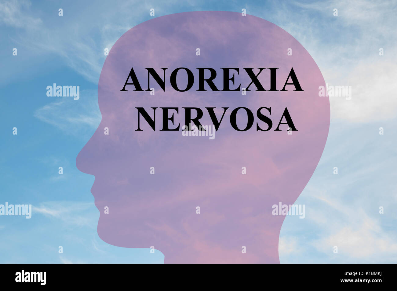 Render Abbildung des Ausdrucks Anorexia Nervosa in Lateinamerika auf dem Kopf silhouette ausgedrückt, mit bewölktem Himmel als Hintergrund. Stockfoto