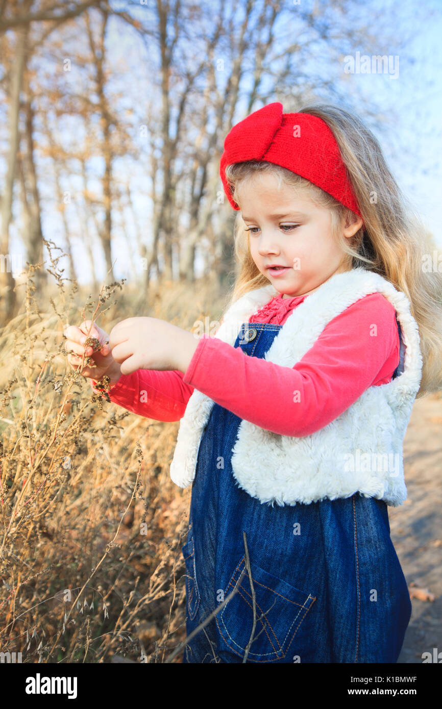 Porträt eines niedlichen kleinen Mädchen auf einer Natur im sonnigen Herbsttag. Stockfoto